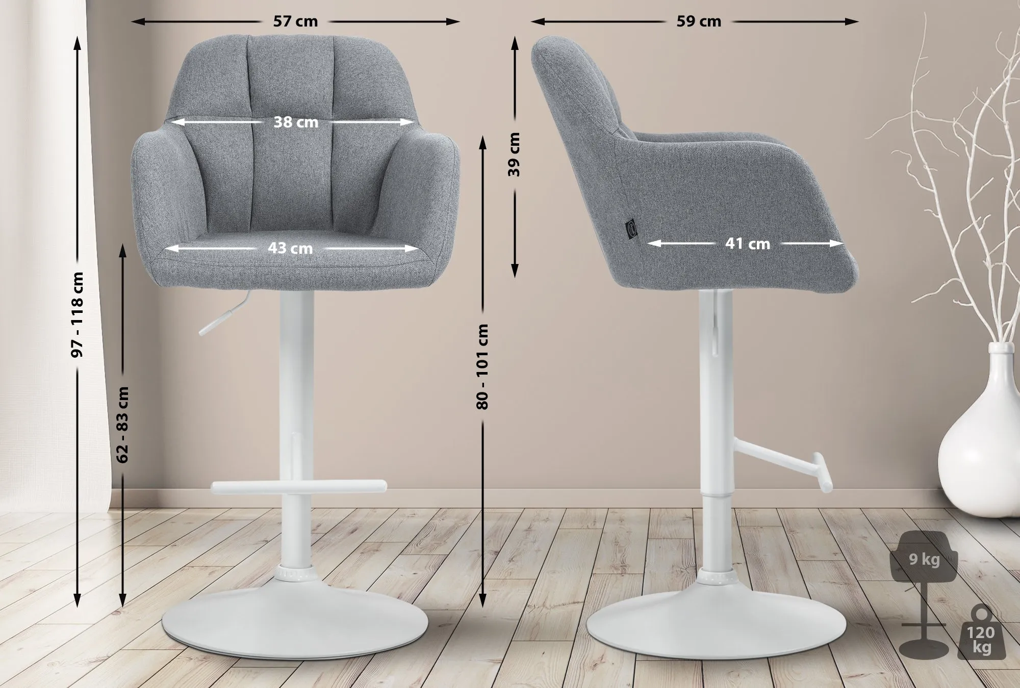 Barhocker Natoma Stoff 97-118x57x59 cm grau