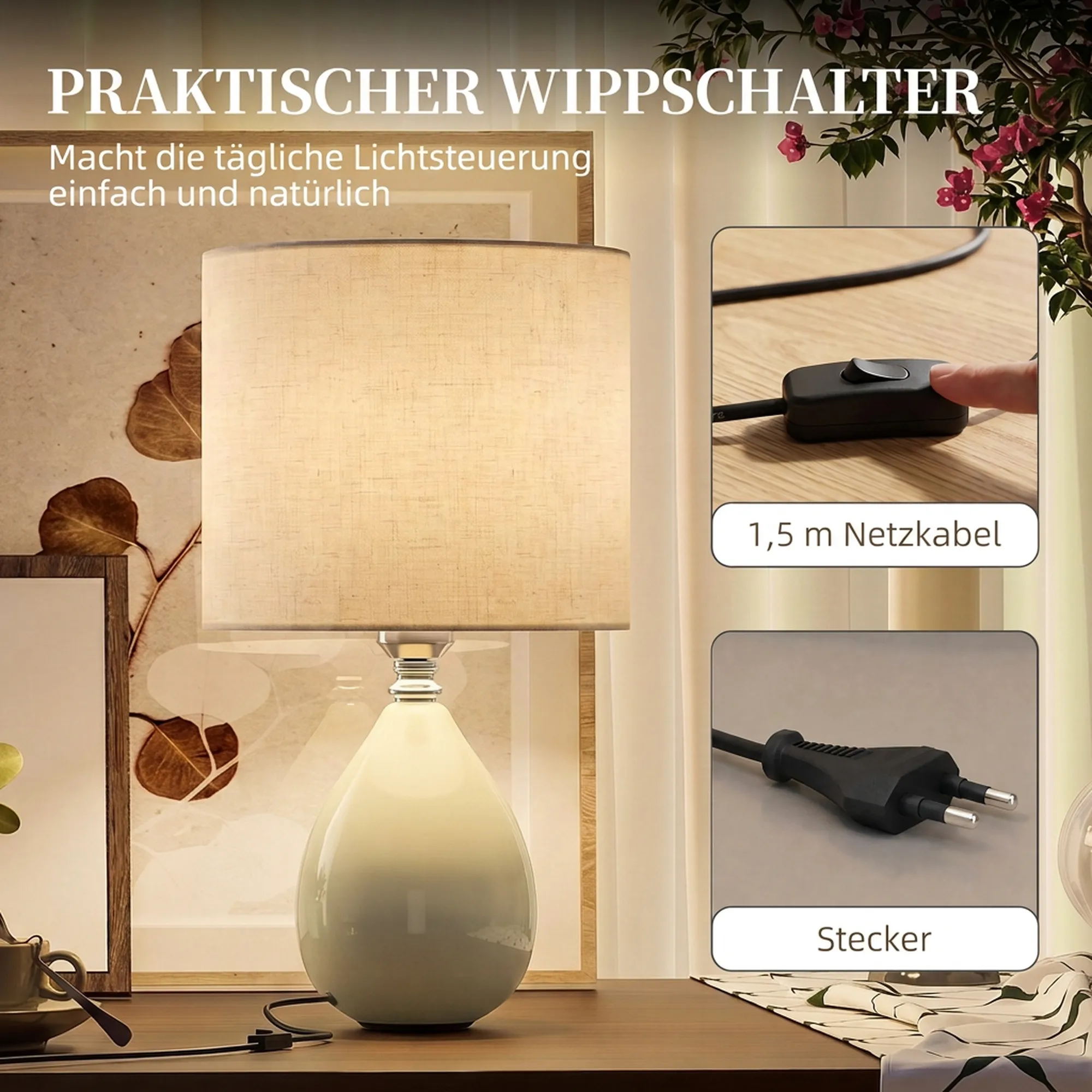 Tischlampe Vintage Keramik mit Leinenschirm, Cremeweiß, 35 cm