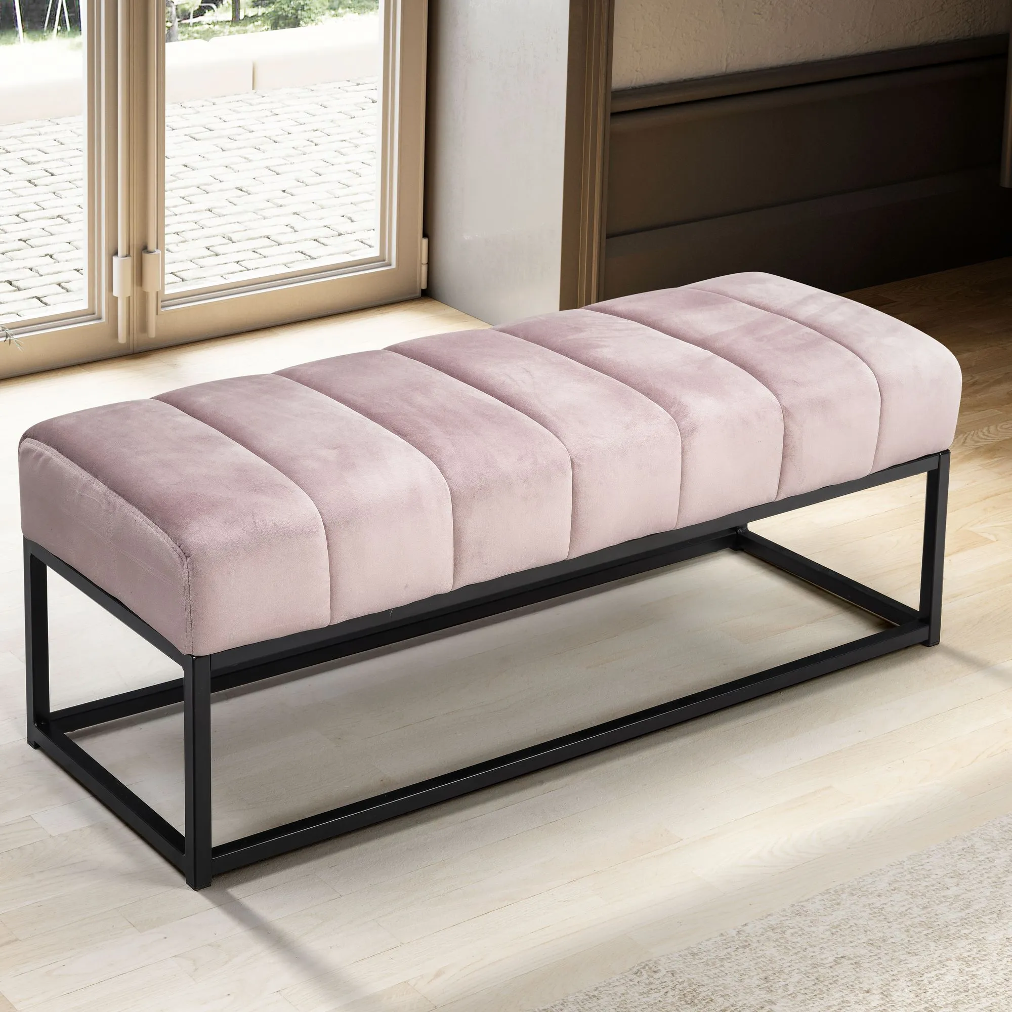 Sitzbank Samt Rosa 108x40x40 cm Flur Polsterbank mit Metallgestell