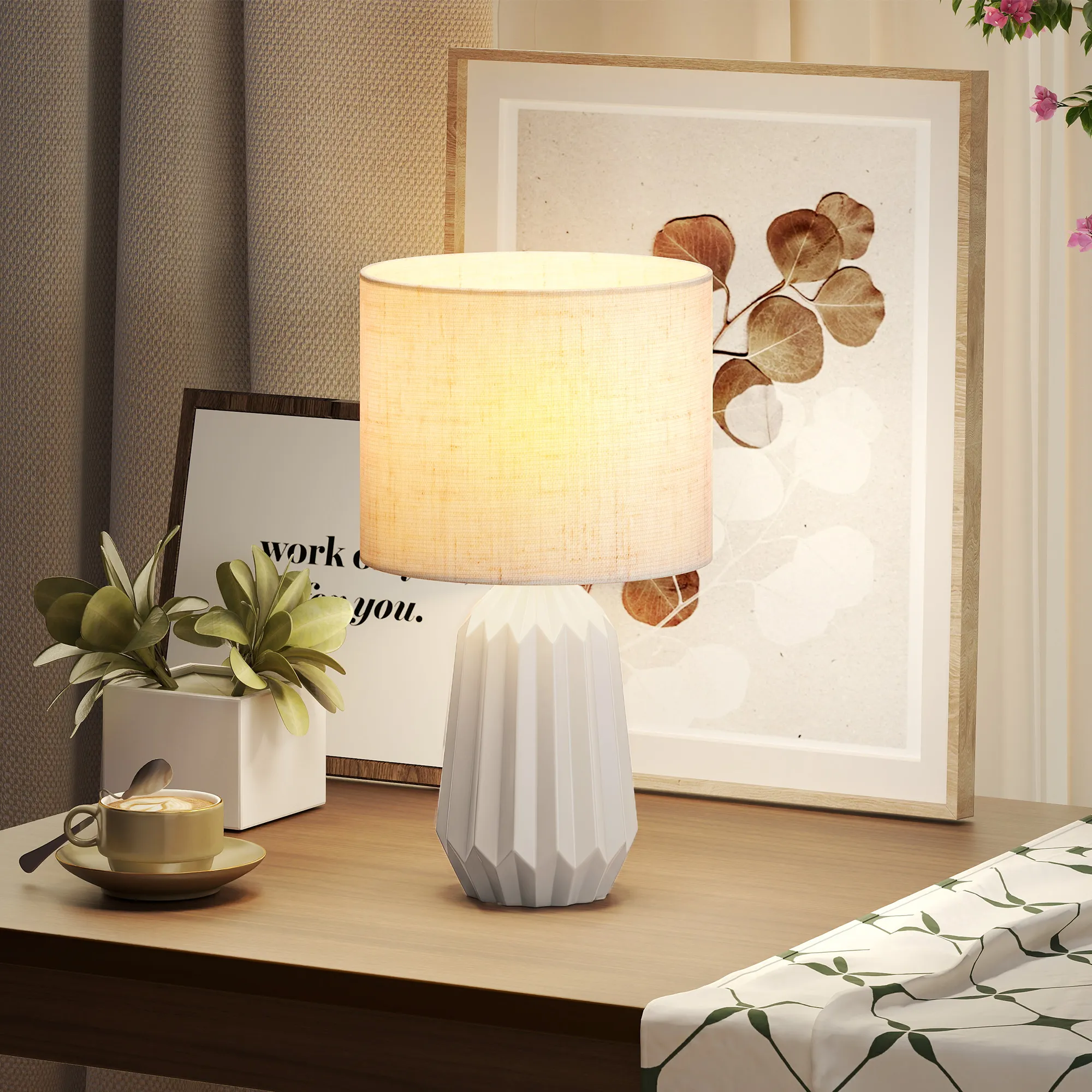 Tischlampe Nachttischlampe Keramik Leinen Beige 22x22x39 cm