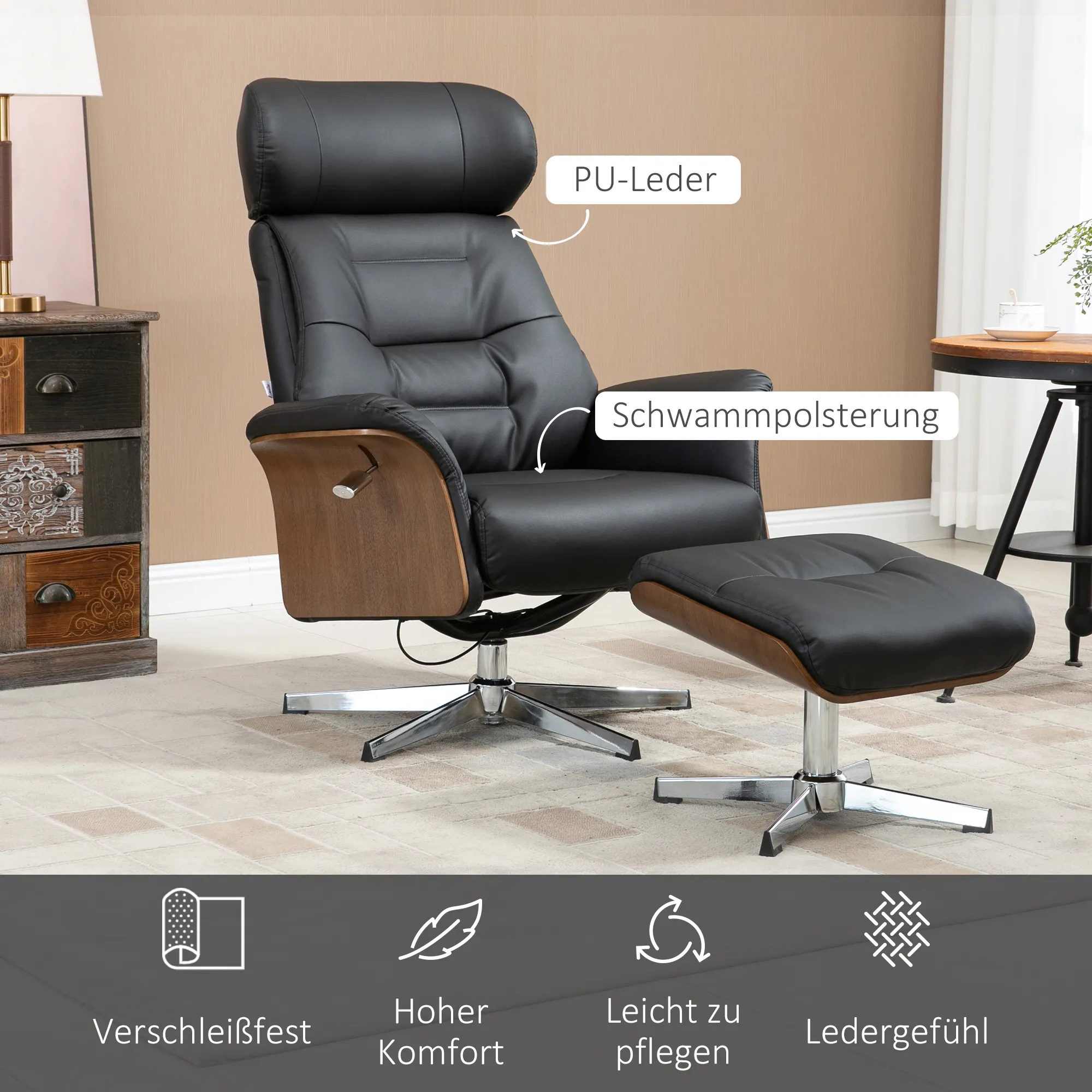 Relaxsessel mit Fußhocker, um 360° drehbar, Liegefunktion, Lesesessel, schwarz, 80 x 84 x 108 cm