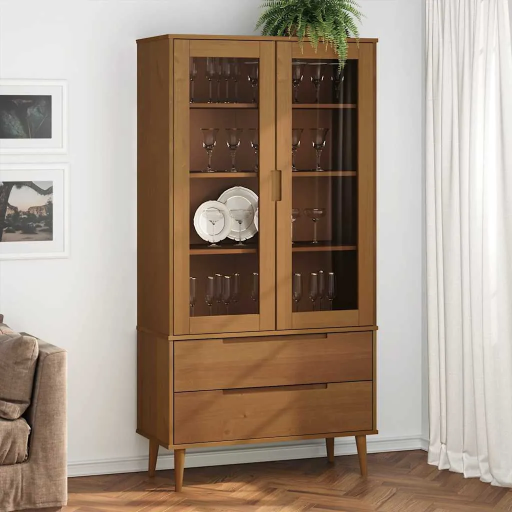 Trendiger Vitrinenschrank aus massivholz mit UV-Lackierung 90x35x175 cm Braun