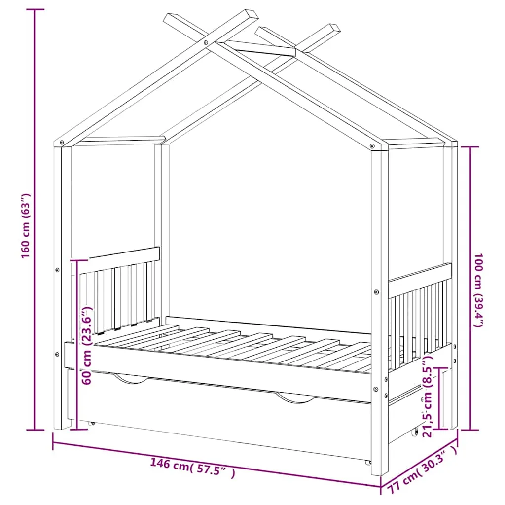 Massivholz Kinderbett Baumhaus mit Schublade 146x77x160 cm Dunkelgrau