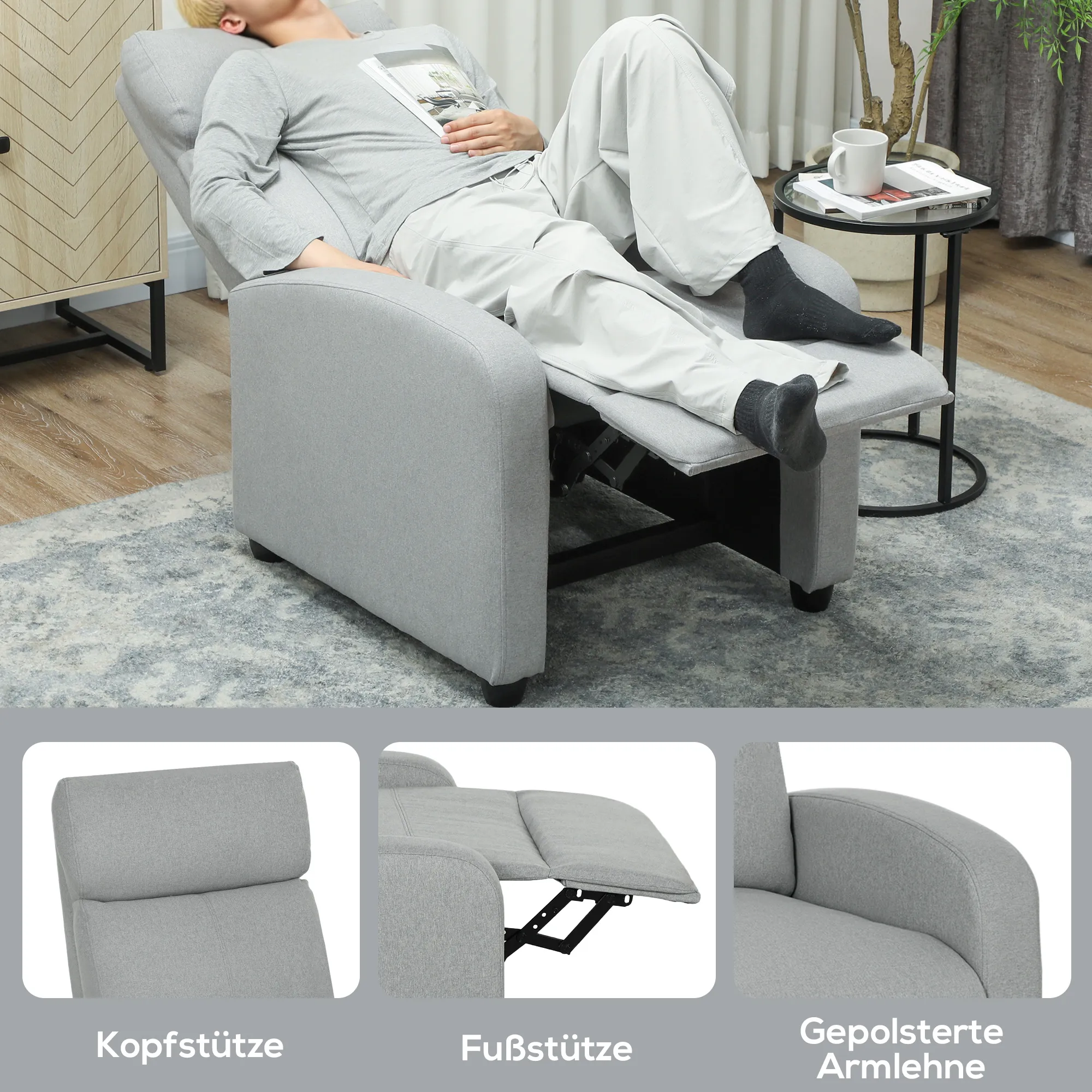 Relaxsessel, verstellbar 135°, ausziehbare Fußstütze, gepolsterte Lehnen, Leinen-Polyester, Hellgrau