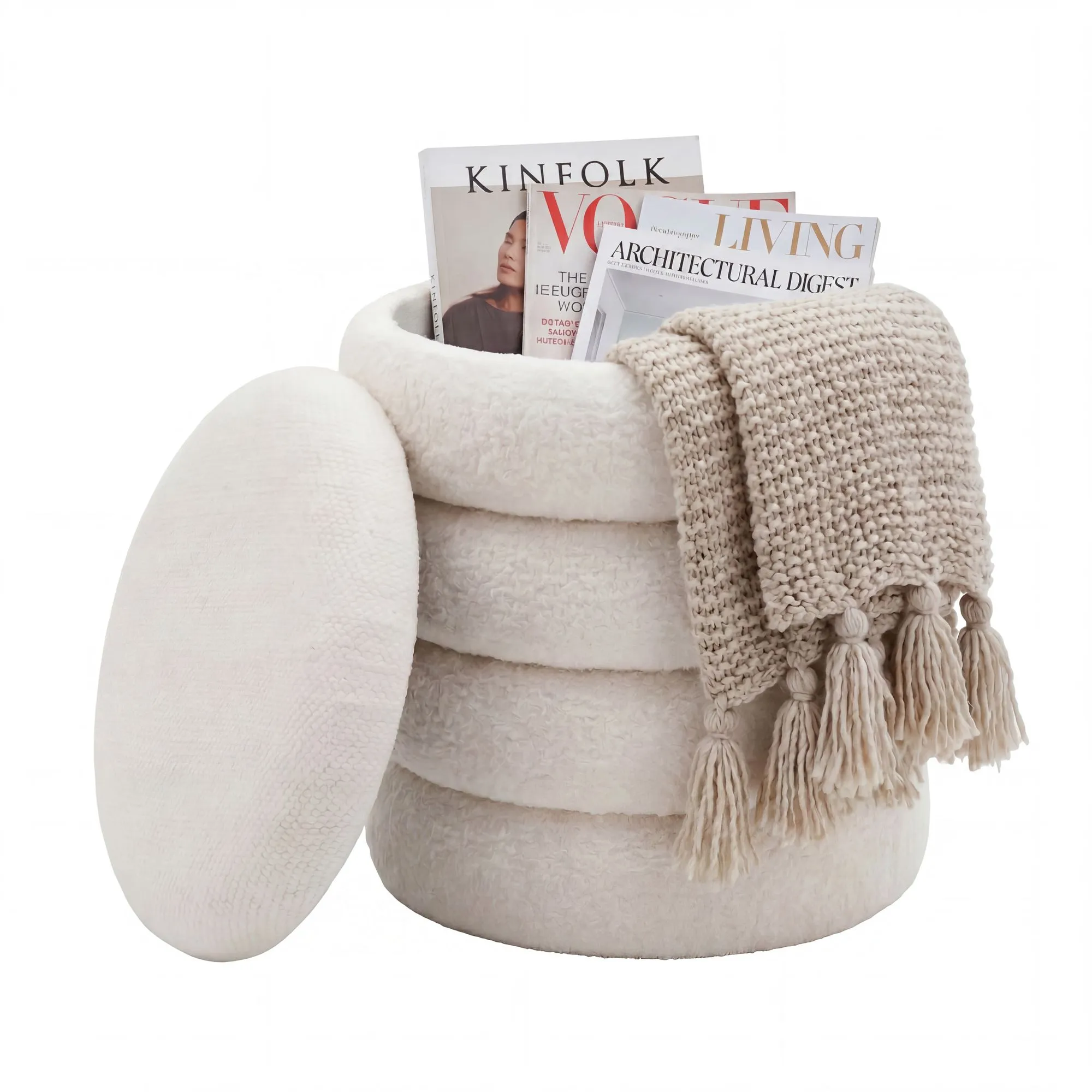 Sitzhocker mit Stauraum aus Teddy Stoff 40cm Creme Rund - Design Boho Stoffhocker mit abnehmbarem Deckel - Polsterhocker Schminktisch Hocker - Beistellhocker für Wohnzimmer Handmade