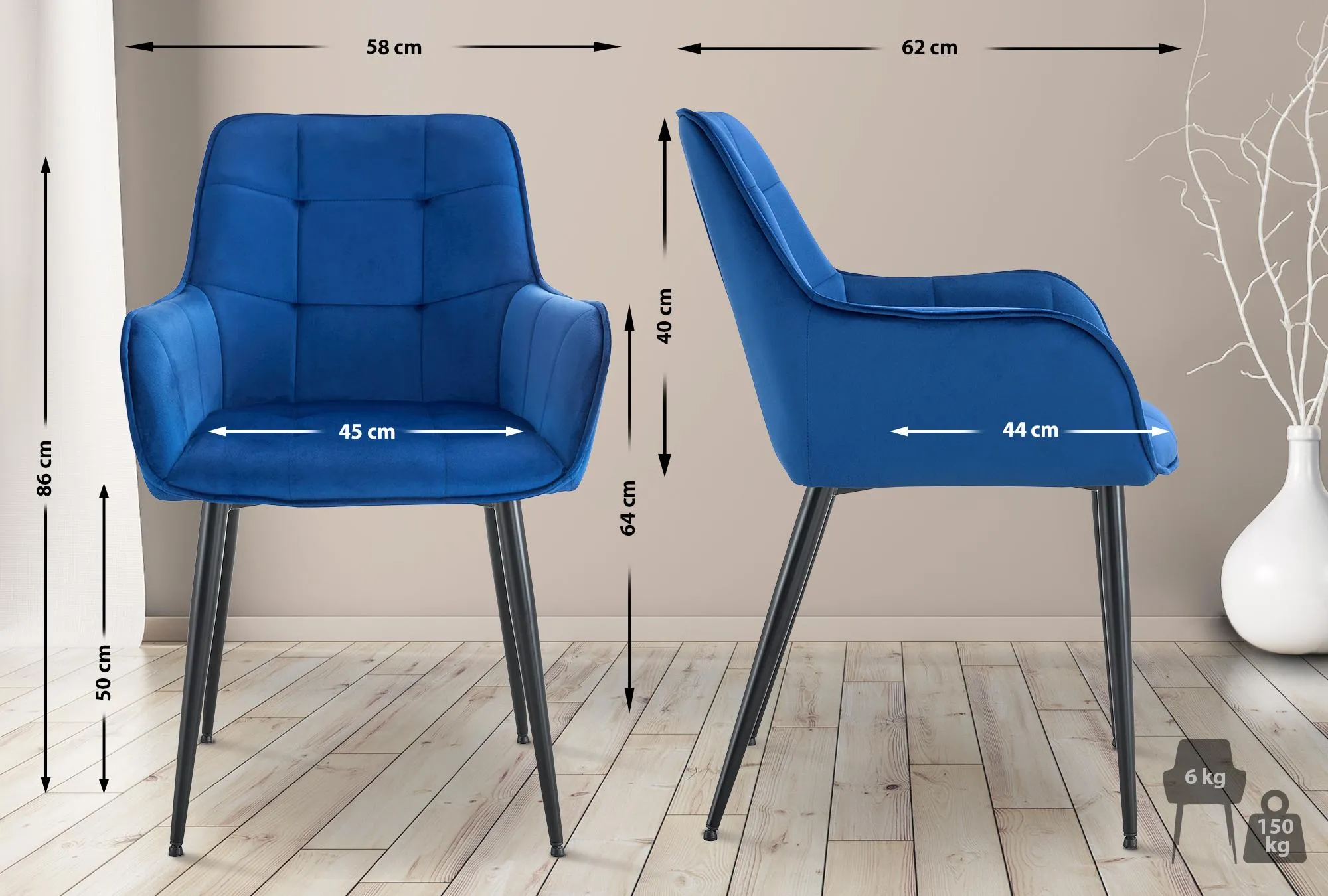 Esszimmerstuhl Ferndale Samt 62x58x86 cm dunkelblau