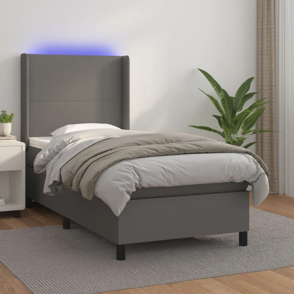 Boxspringbett mit Matratze, LED-Streifen, Kunstleder, Grau, 90x200
