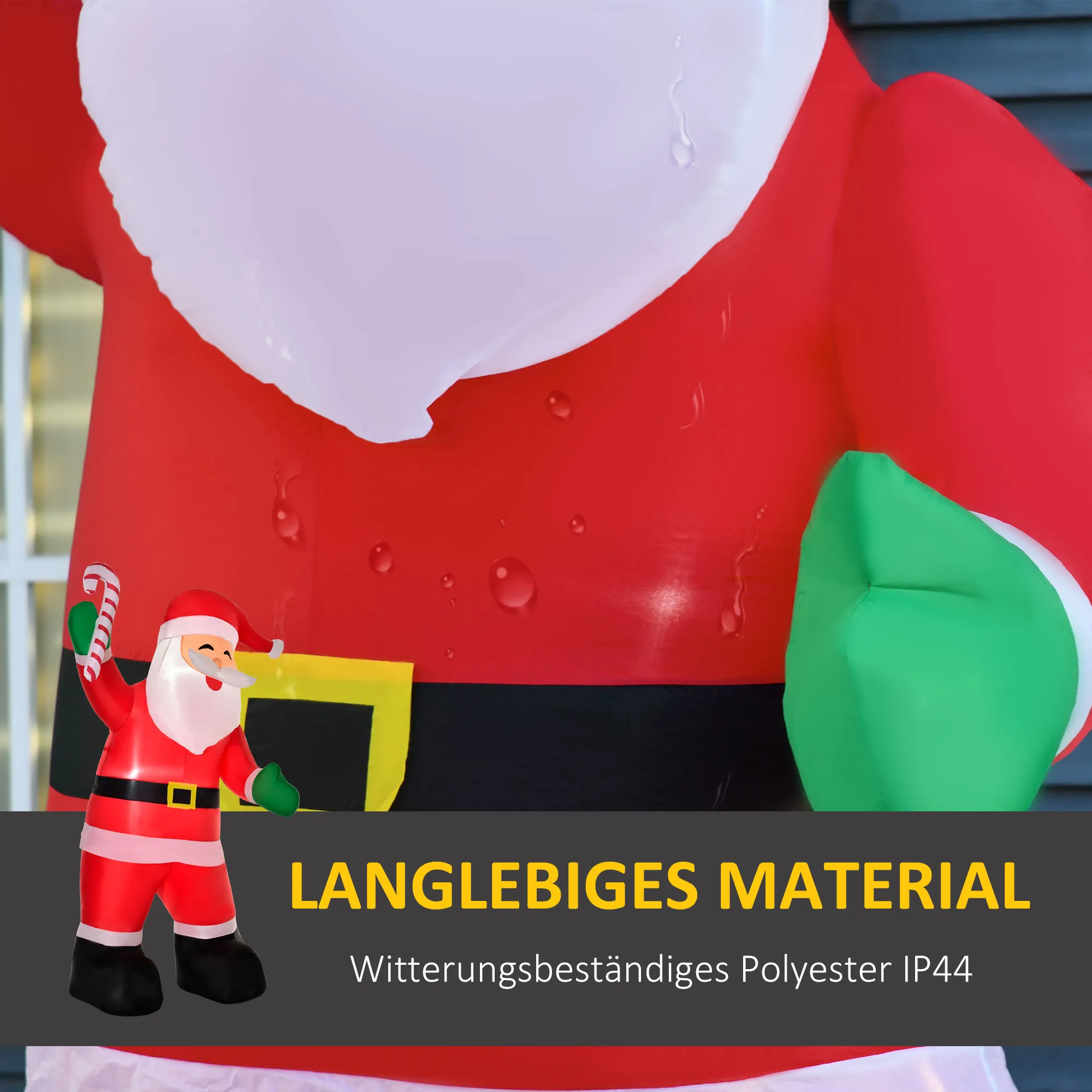 Aufblasbarer Weihnachtsmann mit LED-Beleuchtung inkl. Gebläse, Halteseilen, Bodenspieße, Sandsäcke,140cm x 85cm x 250cm