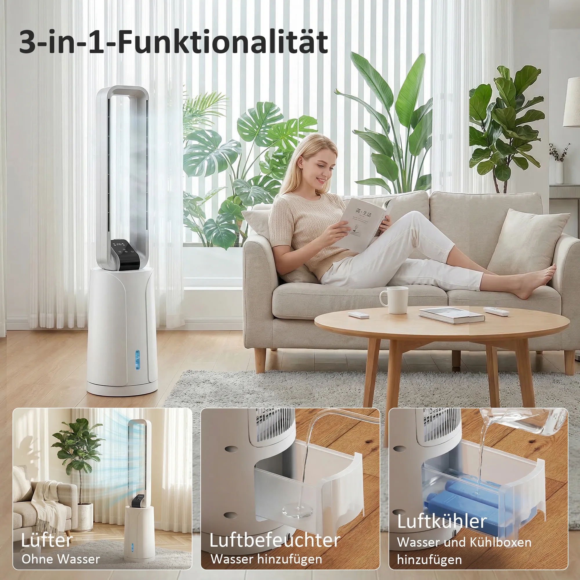 Verdunstungsluftkühler mit Fernbedienung, 15-Stunden-Timer, Kühlakku für Zuhause und Büro, Weiß