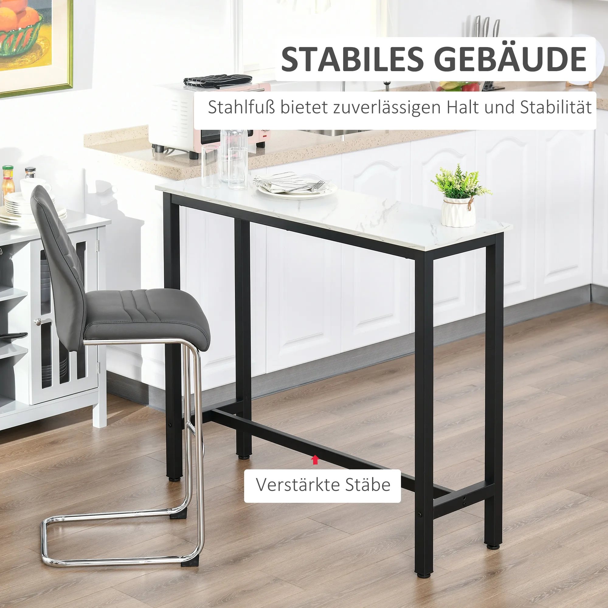 Bartisch 120x40x100 cm in Weiß und Schwarz mit Marmoroptik