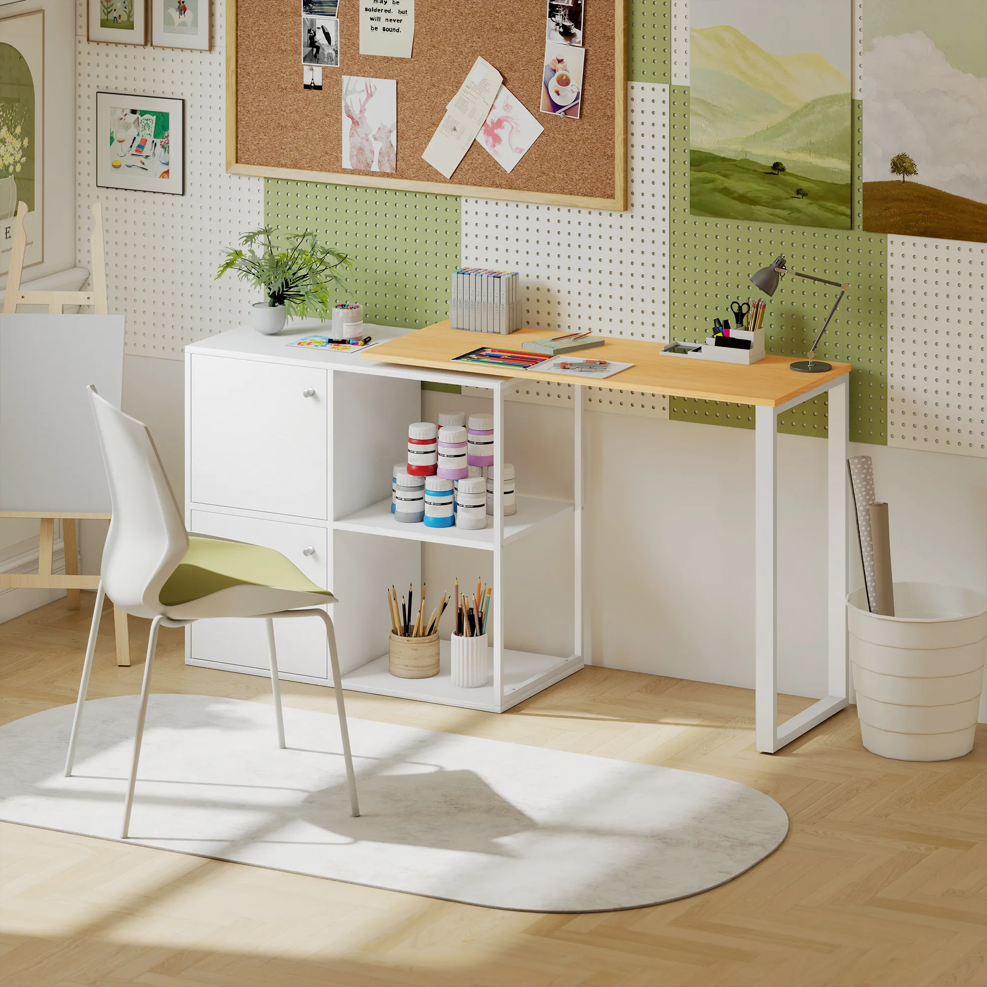 Schreibtisch L-förmig, 360° drehbarer Eckschreibtisch mit 2 Lagerschränken, 2 offenen Regalen, Computertisch für kleine Räume, Arbeitszimmer, Wohnzimmer, 150x40x75 cm, Weiß
