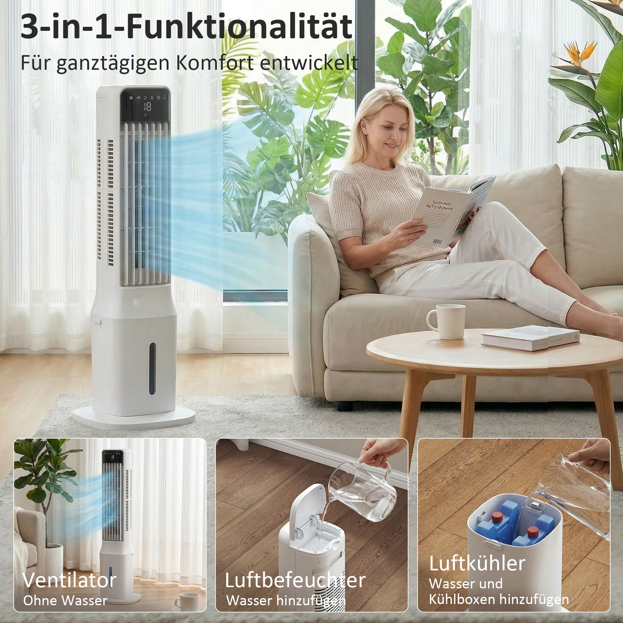Tragbarer Luftkühler, 3-in-1 Verdunstungs-Luftkühler mit 9-Liter-Wassertank, 48° Oszillation, 3 Geschwindigkeiten, 3 Modi, Weiß