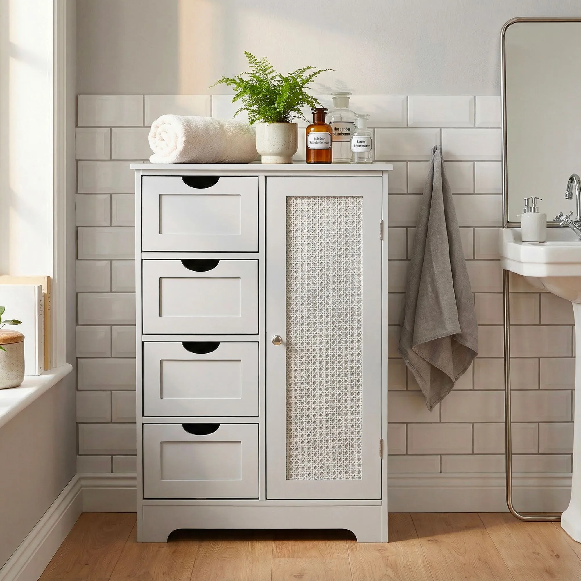schmaler Badschrank 55x80 cm mit Wiener Geflecht – Badezimmerschrank mit Tür und 4 Schubladen – Badregal aus lackiertem MDF – Badezimmerregal modern – Aufbewahrungsschrank Bad Badezimmer
