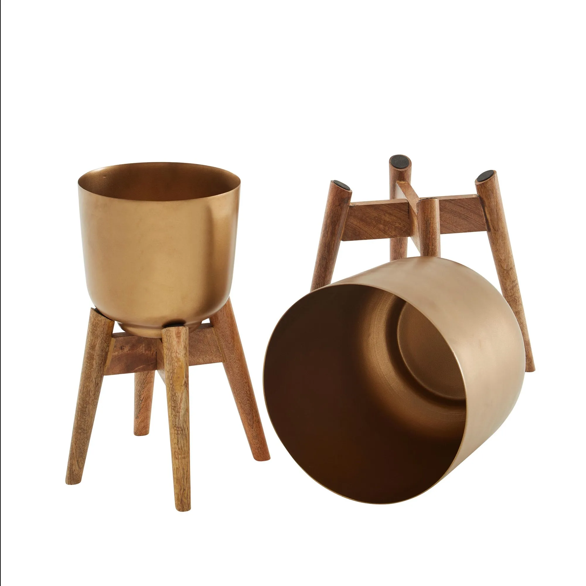 Blumentopf 2er Set Metall / Massivholz Pflanzkübel Gold mit Füßen
