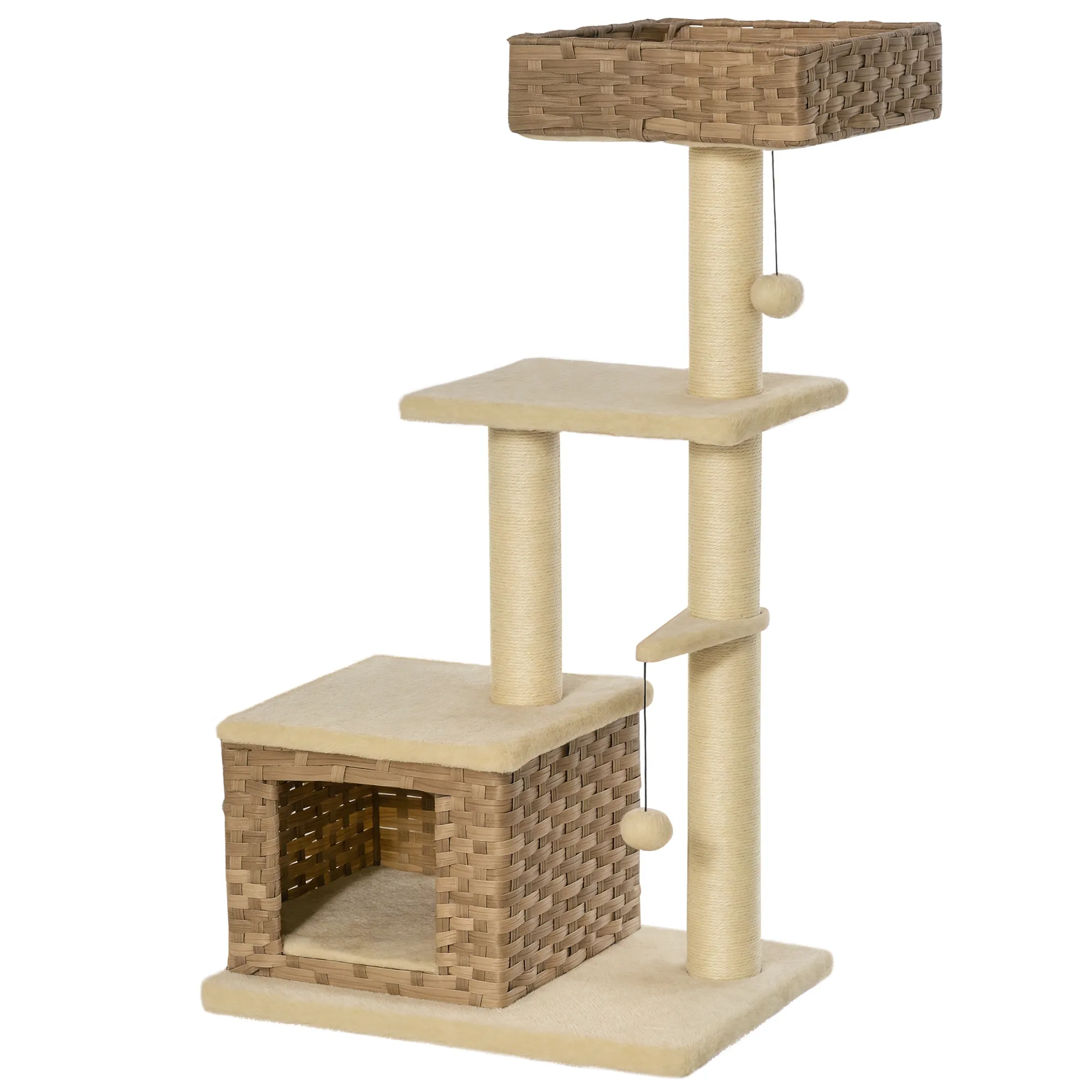 Rattan Katzenbaum Kratzbaum Kätzchen Möbel mit Katzenhöhle Ballspielzeug Sisal weiche Plüsch PE Höhe 108 cm Braun+Beige