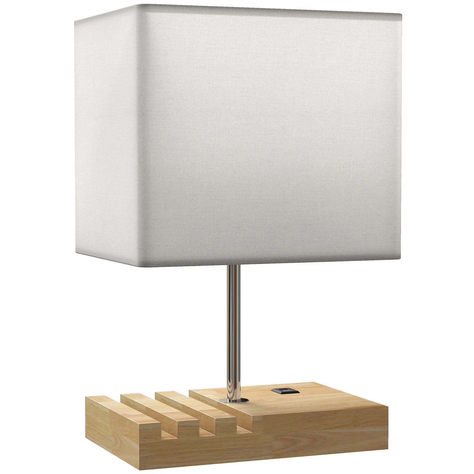 Nachttischlampe mit USB-A/C Ports, Holz & Stoff, Weiß, 40,5 cm