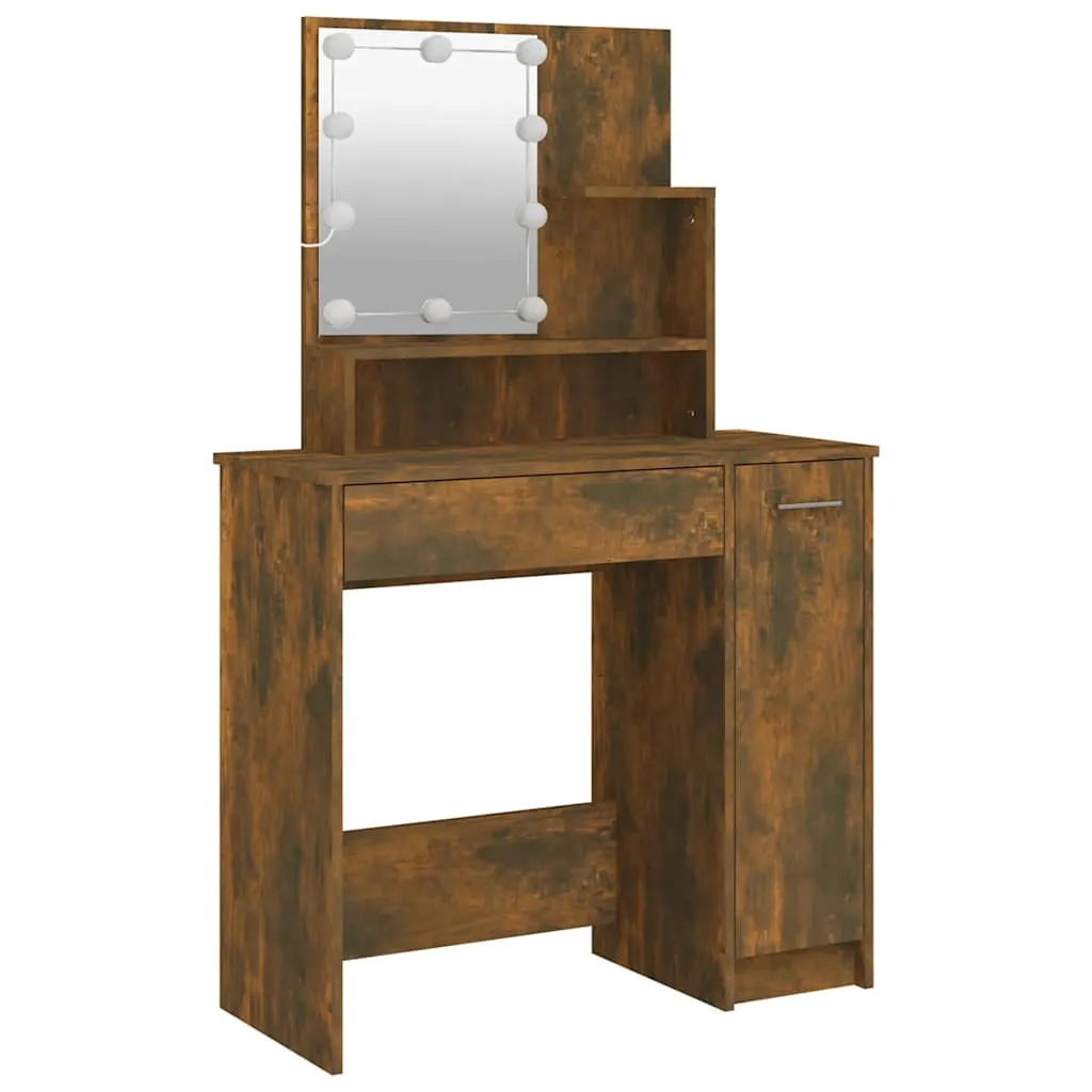 Schminktisch 86,5x35x136 cm Räuchereiche Massivholz mit LED-Beleuchtung