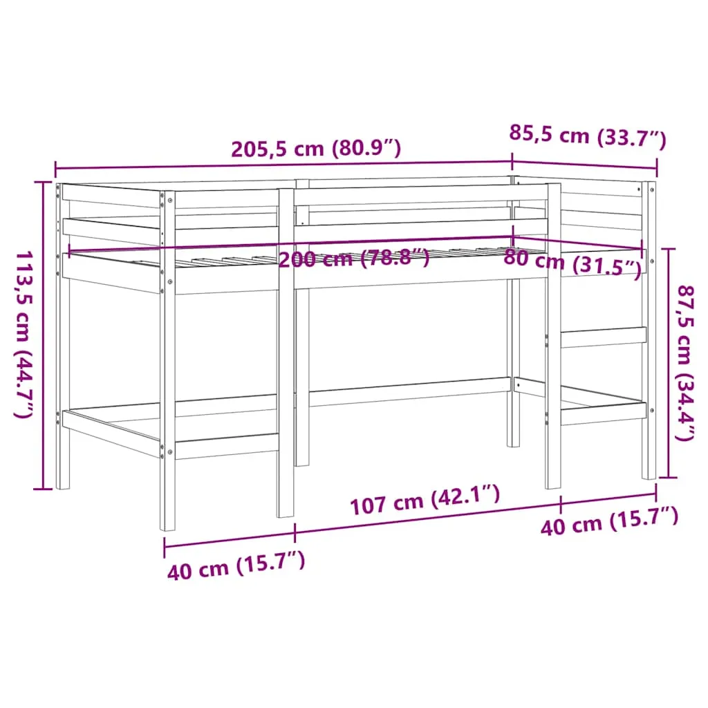 Kinder Hochbett Massivholz Wachsbraun 205,5x85,5x113,5 cm