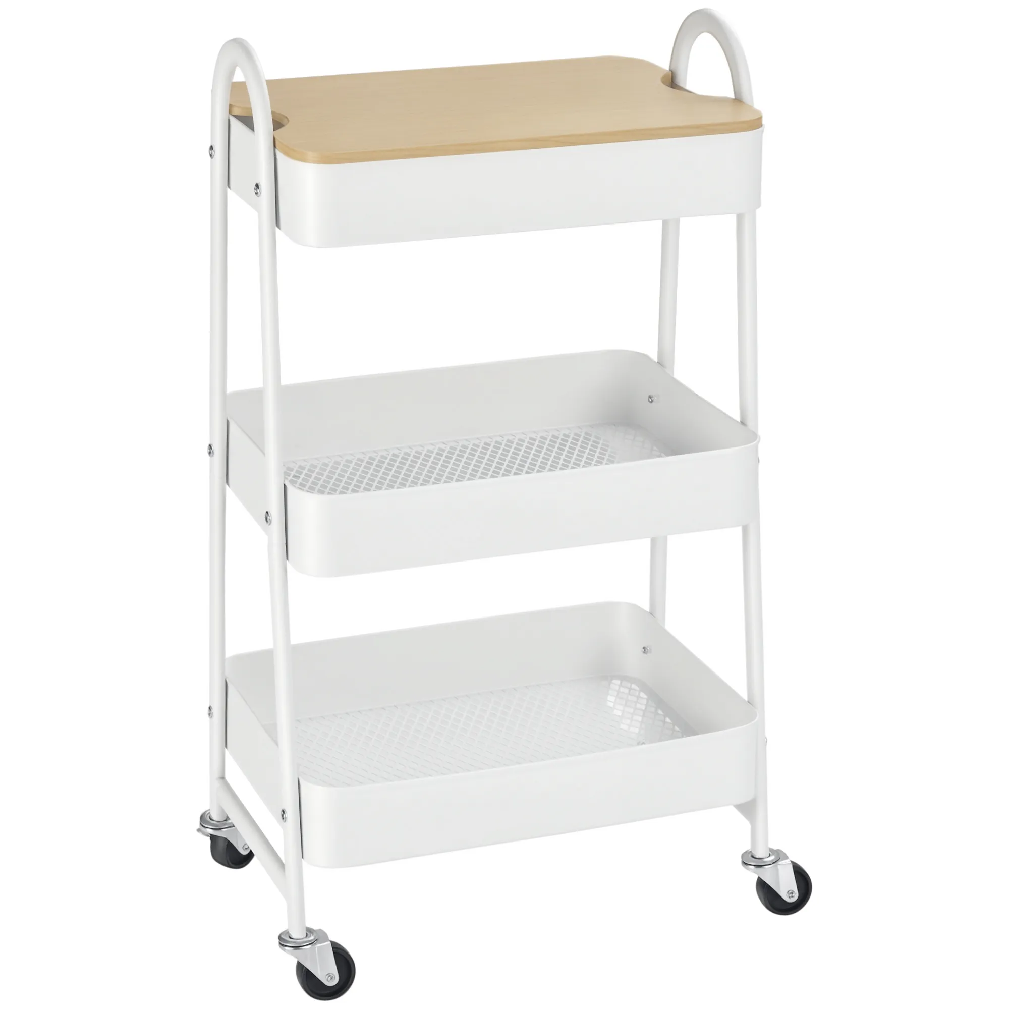 Servierwagen mit 3 Ebenen Küchenwagen mit Rollen Griff Küchenregal mit Korb und Deckel Rollwagen Allzweckwagen für Küche Büro Badezimmer, Weiß