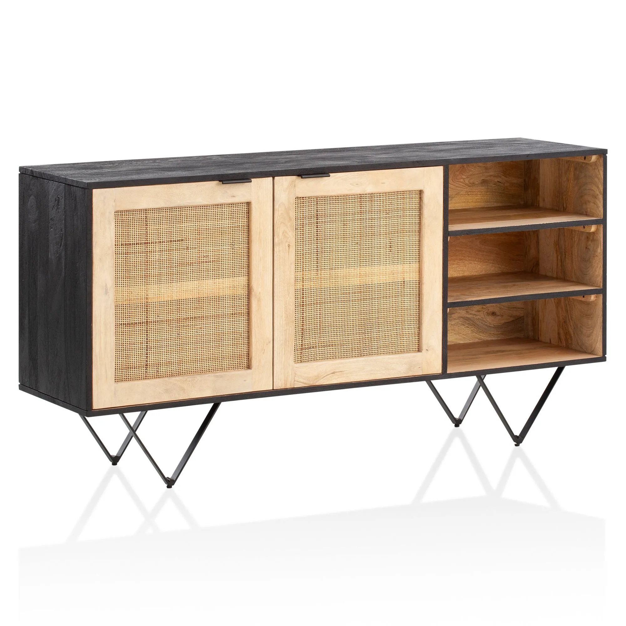 Wohnling Sideboard 145x75x40 cm Mango Massivholz / Rattan Kommode mit 2 Türen