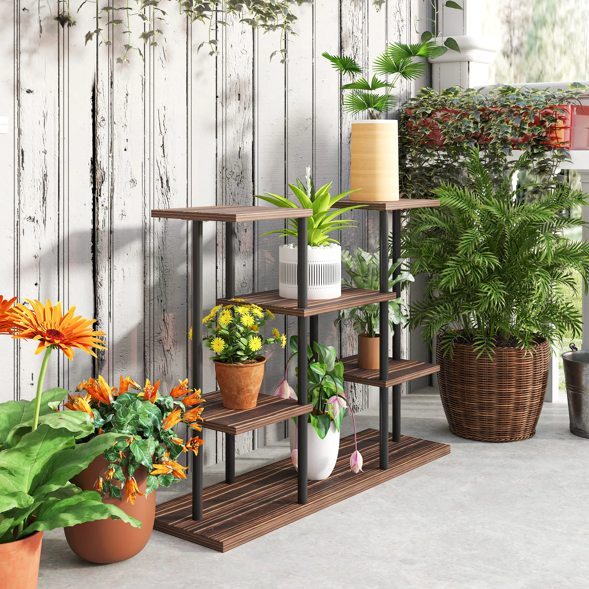 Blumenständer mit 4 Ebenen, 4-stufiger Pflanzenständer, Blumentopfhalter für drinnen und draußen, Holz, Stahl
