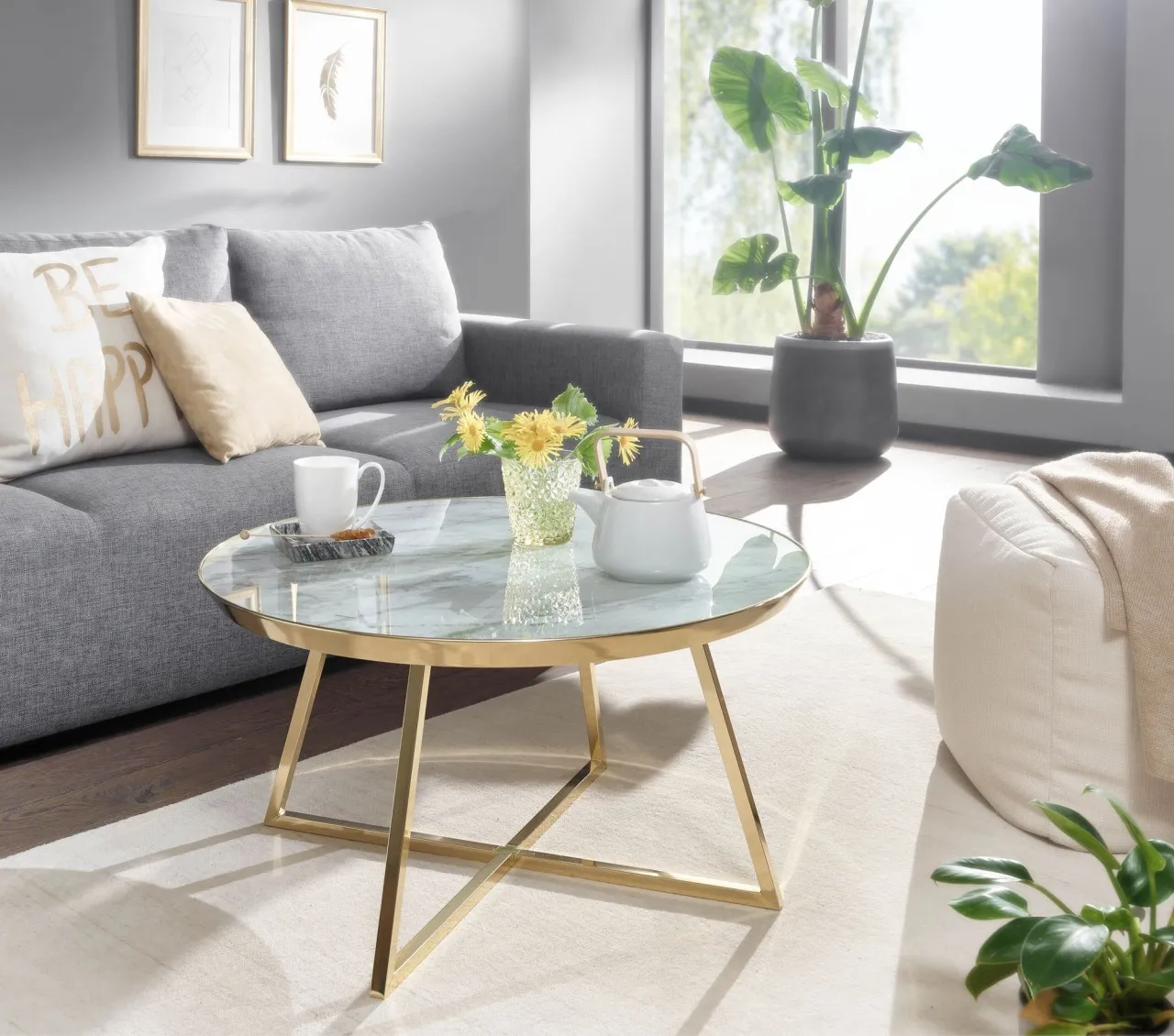 tinkaro Kaffeetisch rund ANNELI Glas/Metall Wohnzimmertisch Marmor-Optik/Weiß