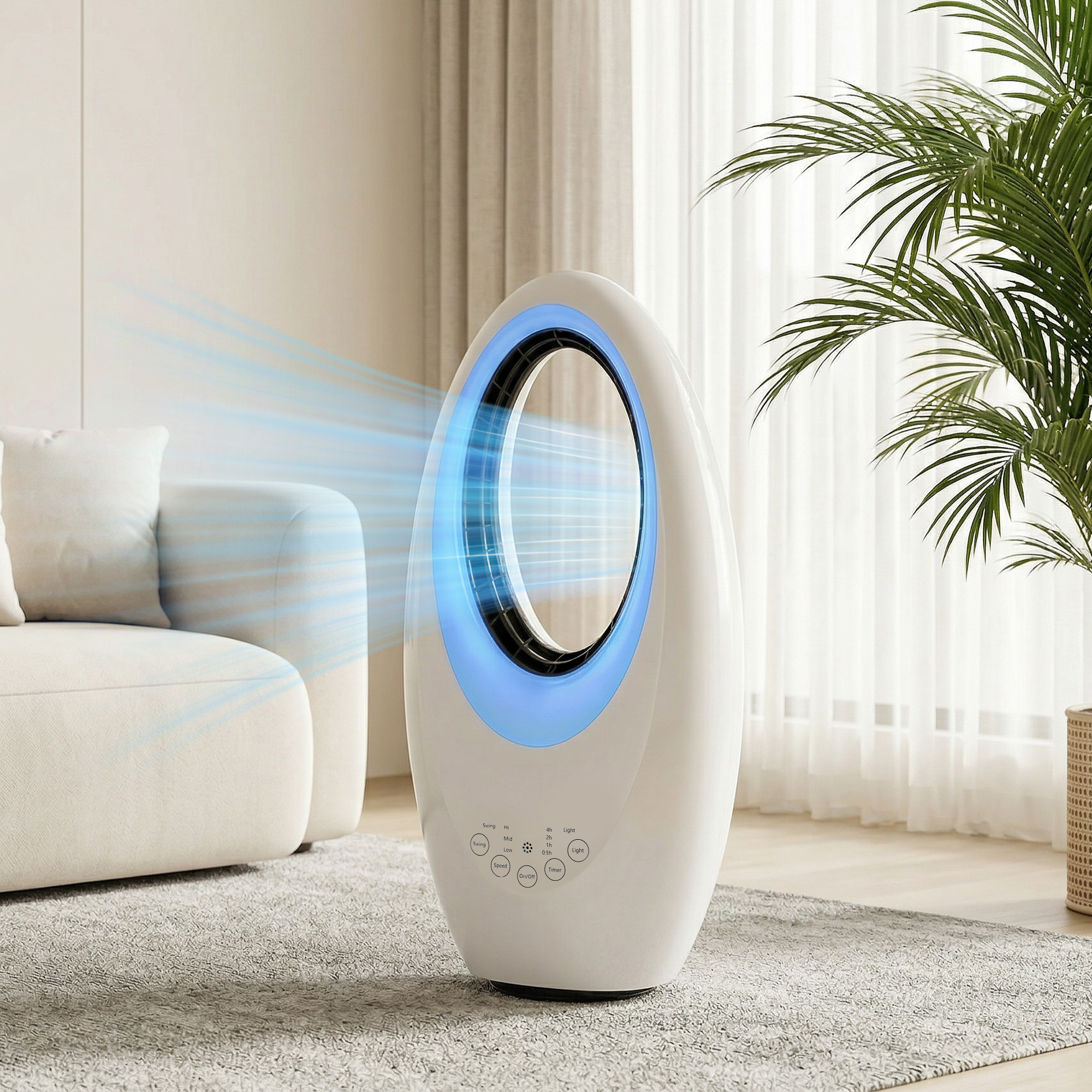 Turmventilator ohne Rotorblätter leiser Ventilator mit 60° Oszillation, LED-Beleuchtung, 3 Geschwindigkeiten, 7,5H-Timer