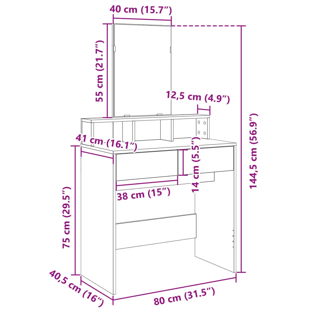 Schminktisch Betongrau 80 x 41 x 144,5 cm aus Holzwerkstoff und Glas