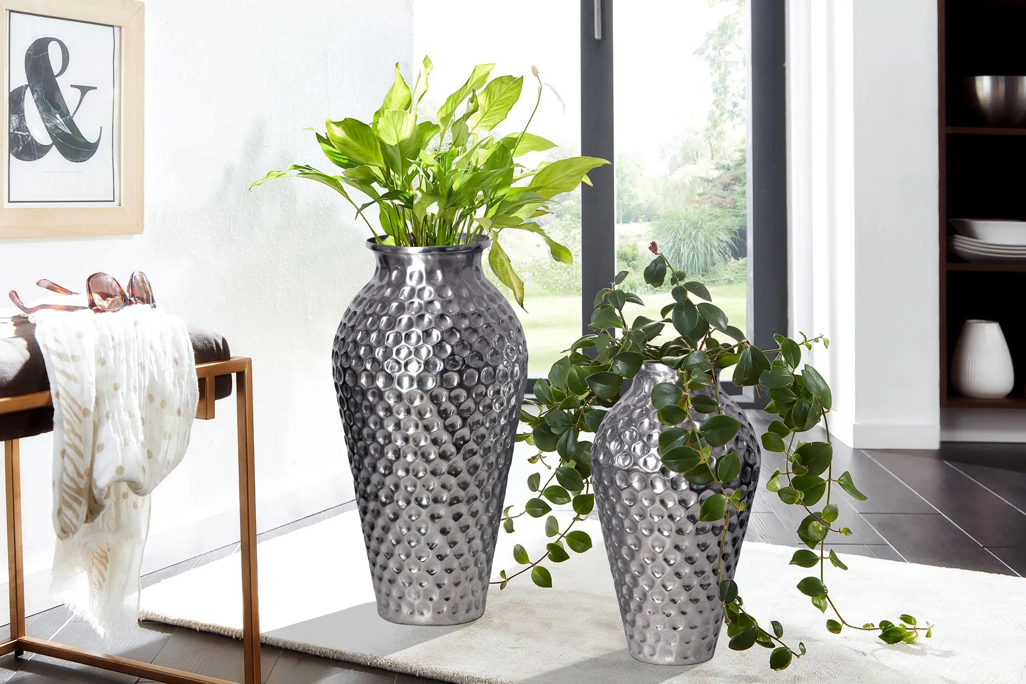 Deko Vase 2er Set Aluminium Silber Amphore Blumenvase Modern