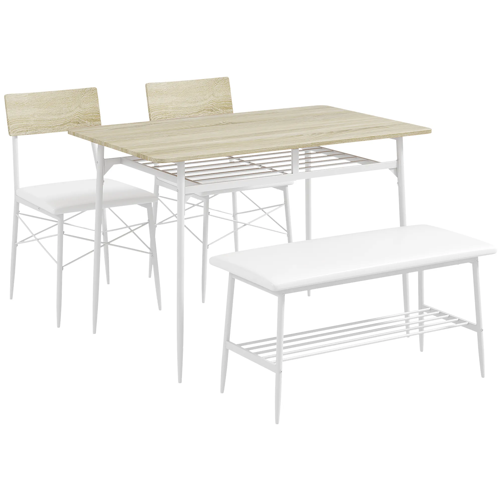 4-teiliges Esstisch-Set mit Stühlen und Bank für 4 Personen, gepolsterte Sitze, Stahlrahmen, Holz, Eiche