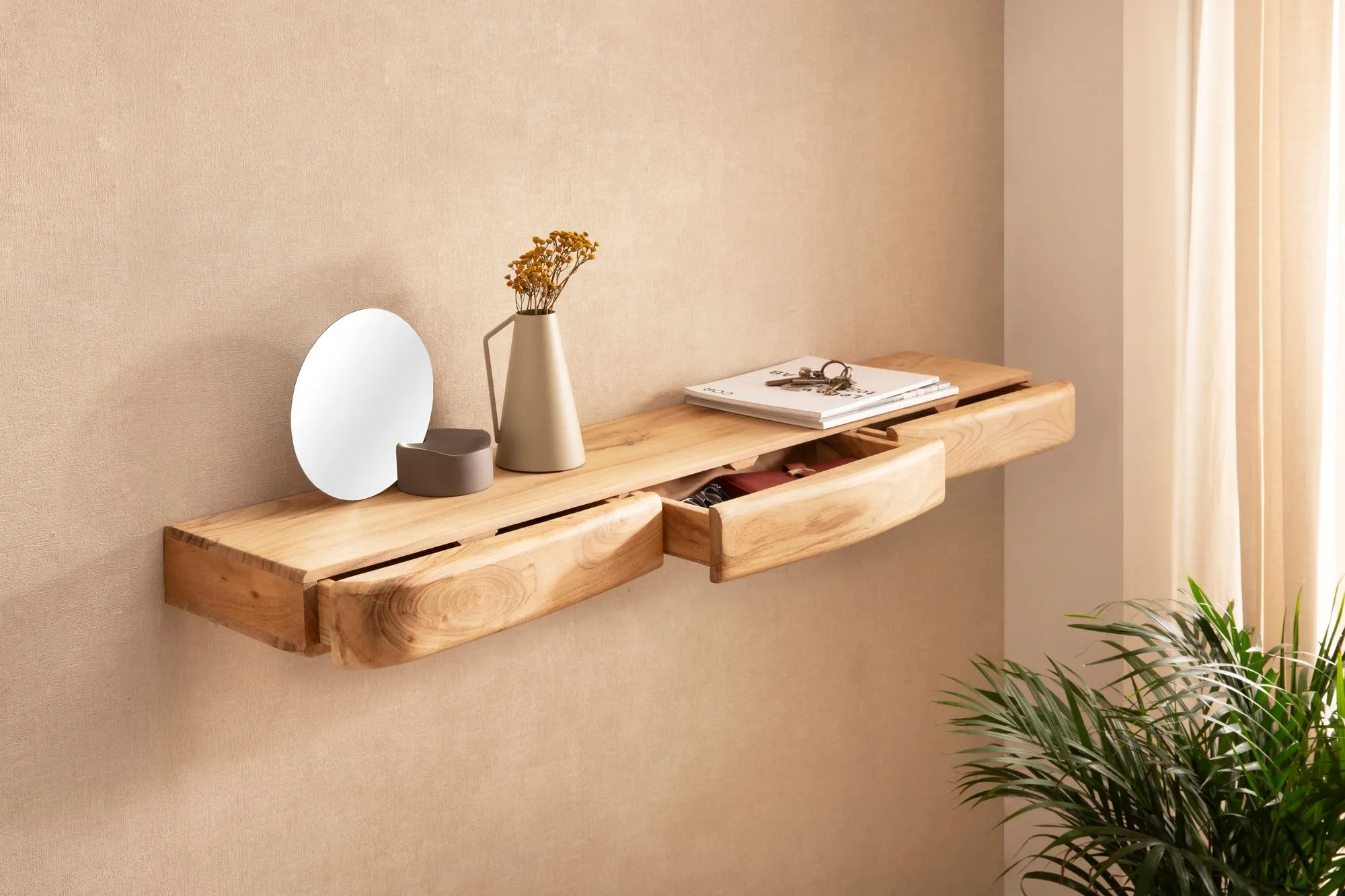 Wandregal Akazie Massivholz 120cm mit drei Schubladen - Design Regal für die Wand - Holz Wandboard mit Stauraum - Schwebendes Hängeregal aus Echtholz
