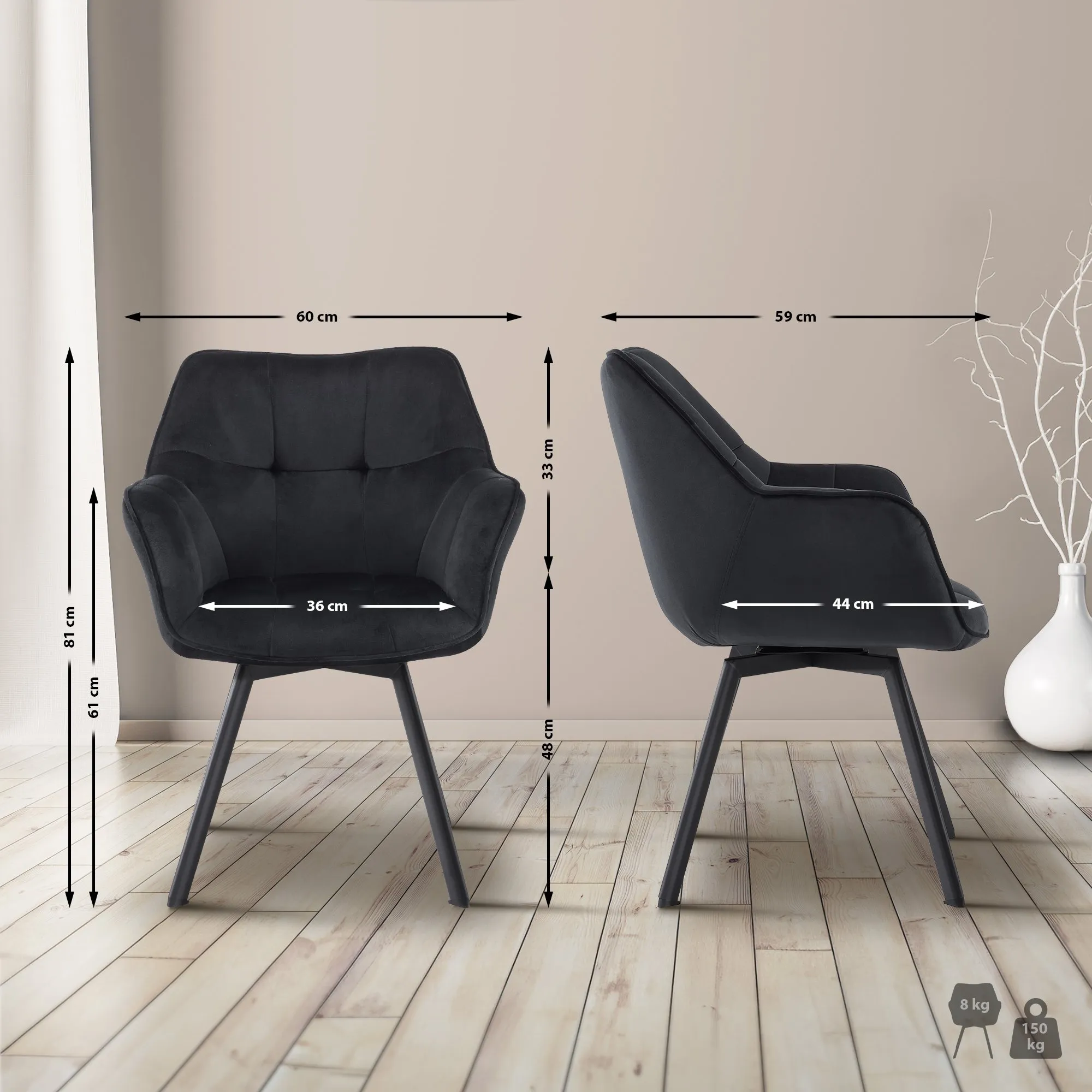 Polsterstuhl Jordi 81x60x59 cm Schwarz