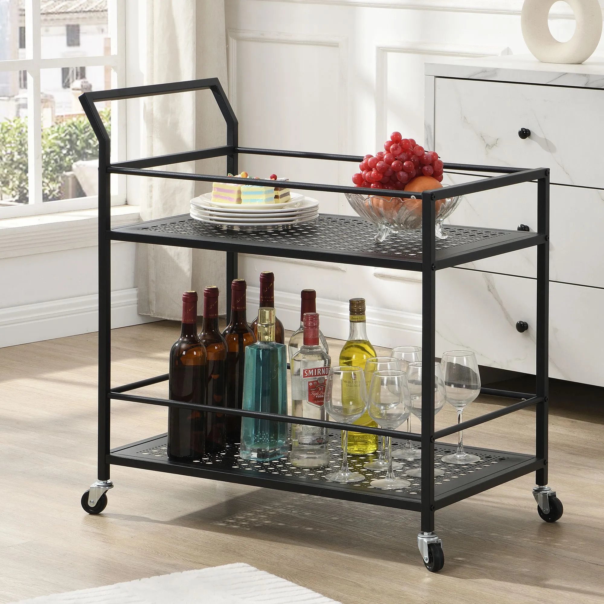 Servierwagen Metall Schwarz 79x45x83 cm mit Rollen & Bremsen