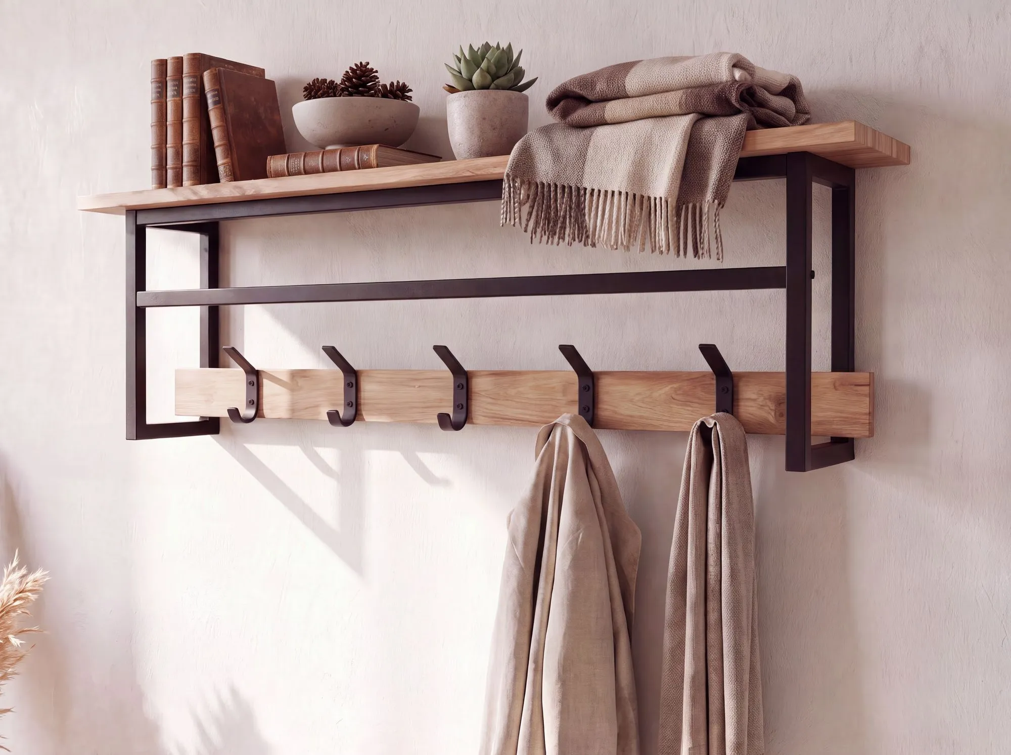 Wandgarderobe Akazie Massivholz 100cm mit Ablage - Modernes Garderobenpaneel Hängegarderobe mit 5 Haken und Kleiderstange - Garderobenleiste Flurgarderobe Massiv Handmade