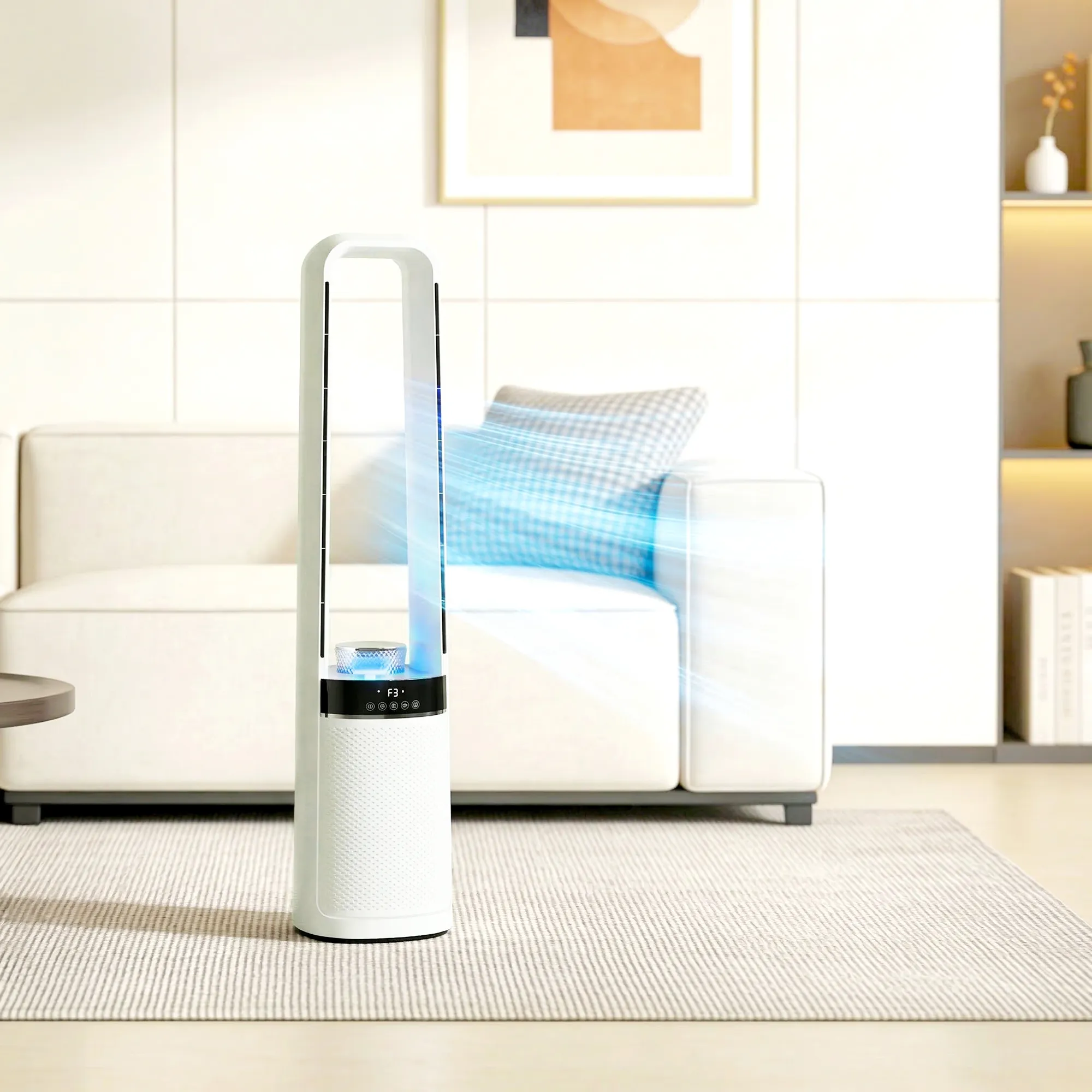 Turmventilator ohne Rotorblätter, mit 45° Oszillation, LED-Licht, 3 Geschwindigkeiten, 12-Std.-Timer, Fernbedienung