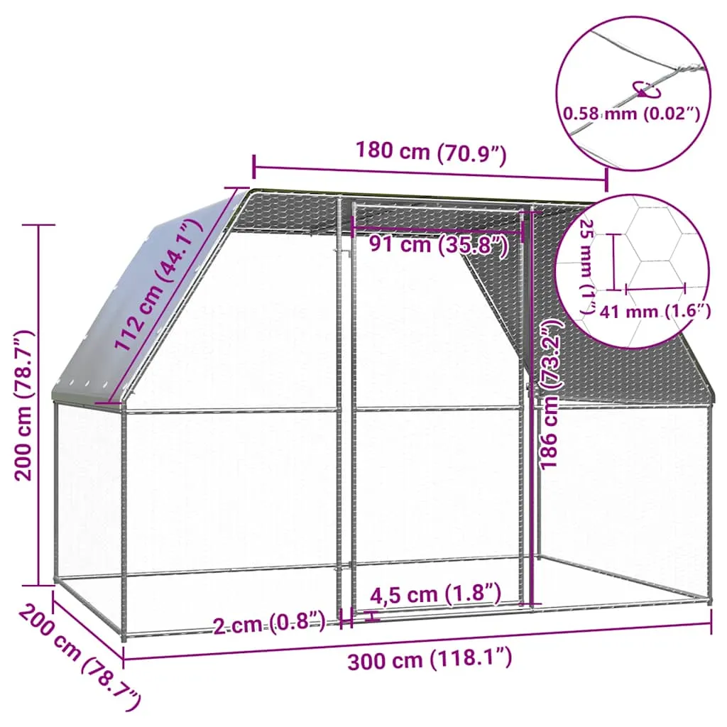 Hühnerkäfig 3x2x2 m in Silber und Grau mit verzinktem Stahlrahmen
