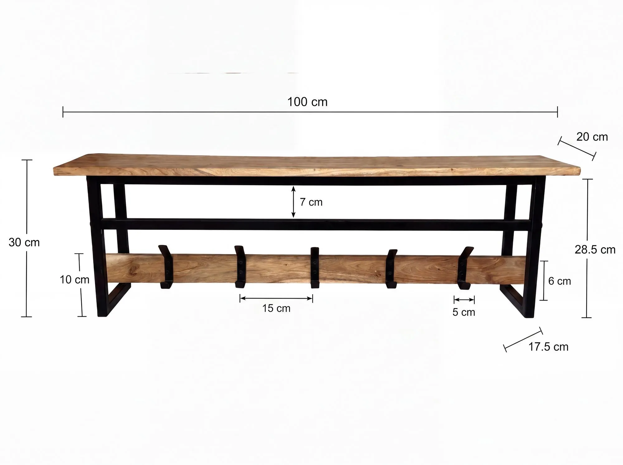 Wandgarderobe Akazie Massivholz 100cm mit Ablage - Modernes Garderobenpaneel Hängegarderobe mit 5 Haken und Kleiderstange - Garderobenleiste Flurgarderobe Massiv Handmade