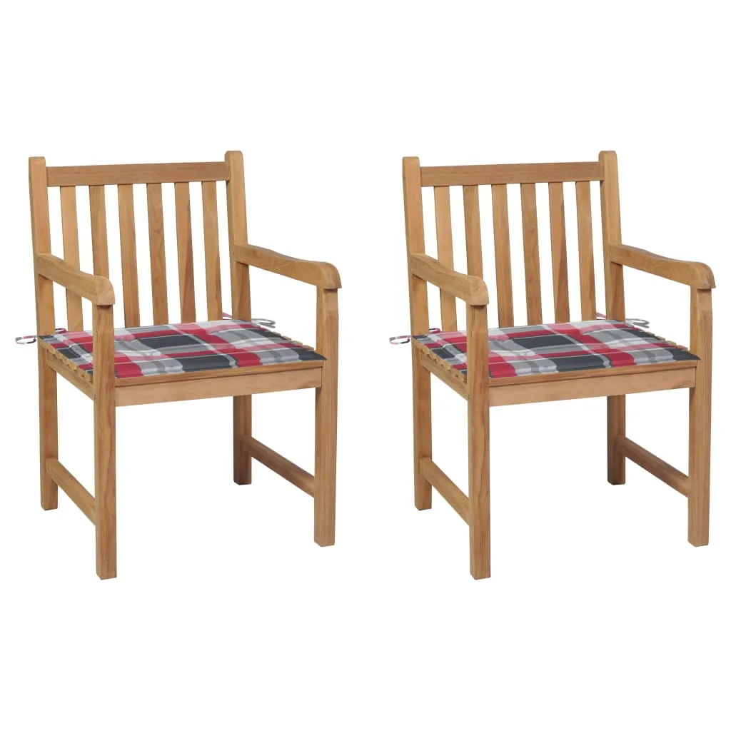 Gartenstühle 2 Stk. Rote Karomuster-Kissen Massivholz Teak