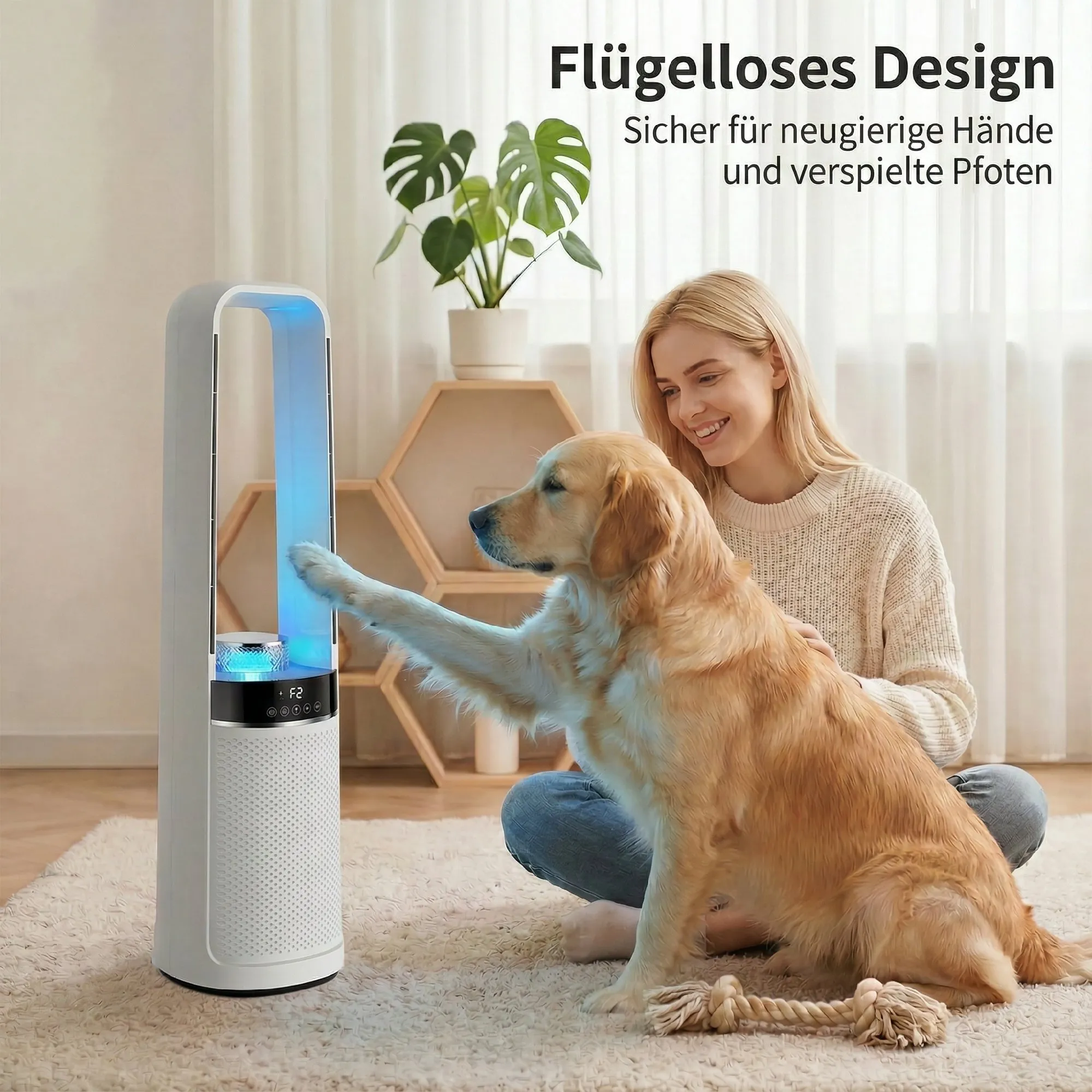 Turmventilator ohne Rotorblätter, mit 45° Oszillation, LED-Licht, 3 Geschwindigkeiten, 12-Std.-Timer, Fernbedienung