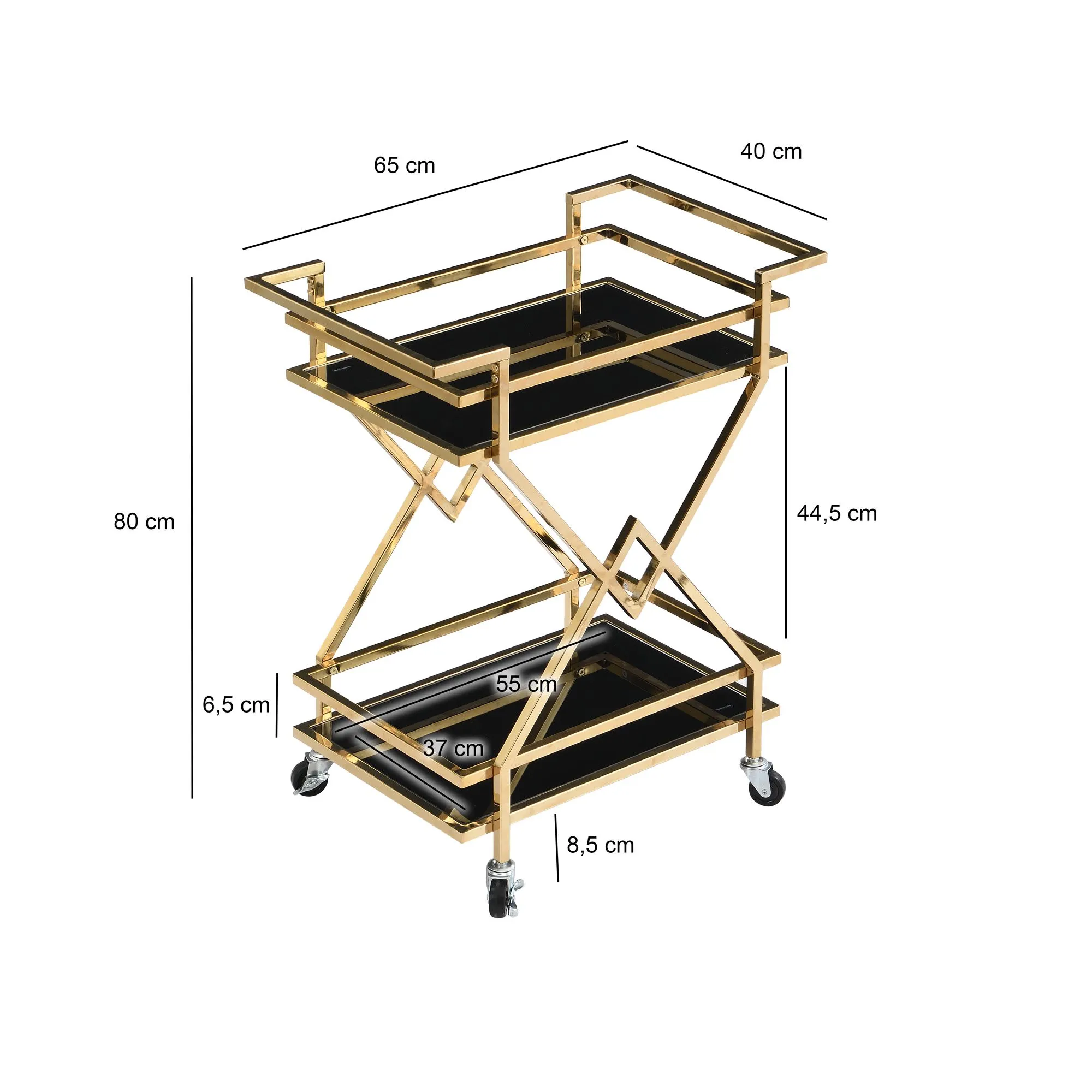 Servierwagen Gold mit Glasablagen 65x80x40 cm