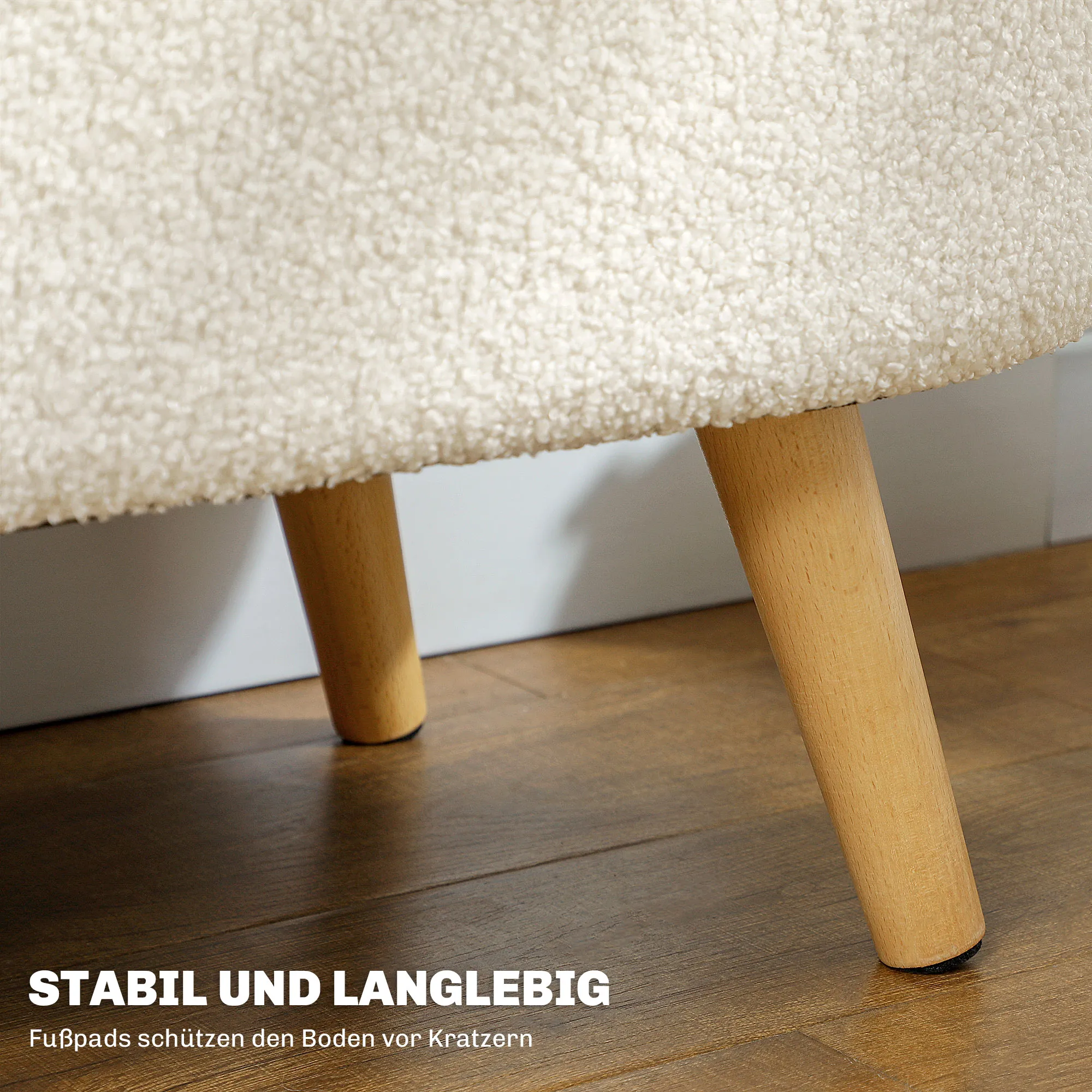 Sitzbank mit Stauraum und Deckel, Fußhocker für Flur, Wohnzimmer, Schlafzimmer, Holz, Stoffbezug, Weiß
