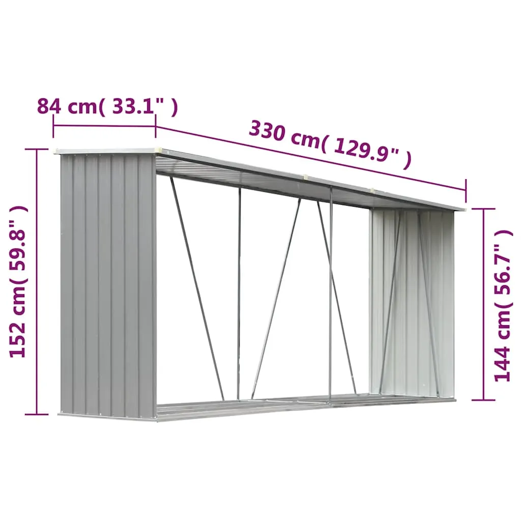 Brennholzschuppen aus verzinktem Stahl 330 x 84 x 144/152 cm Grau