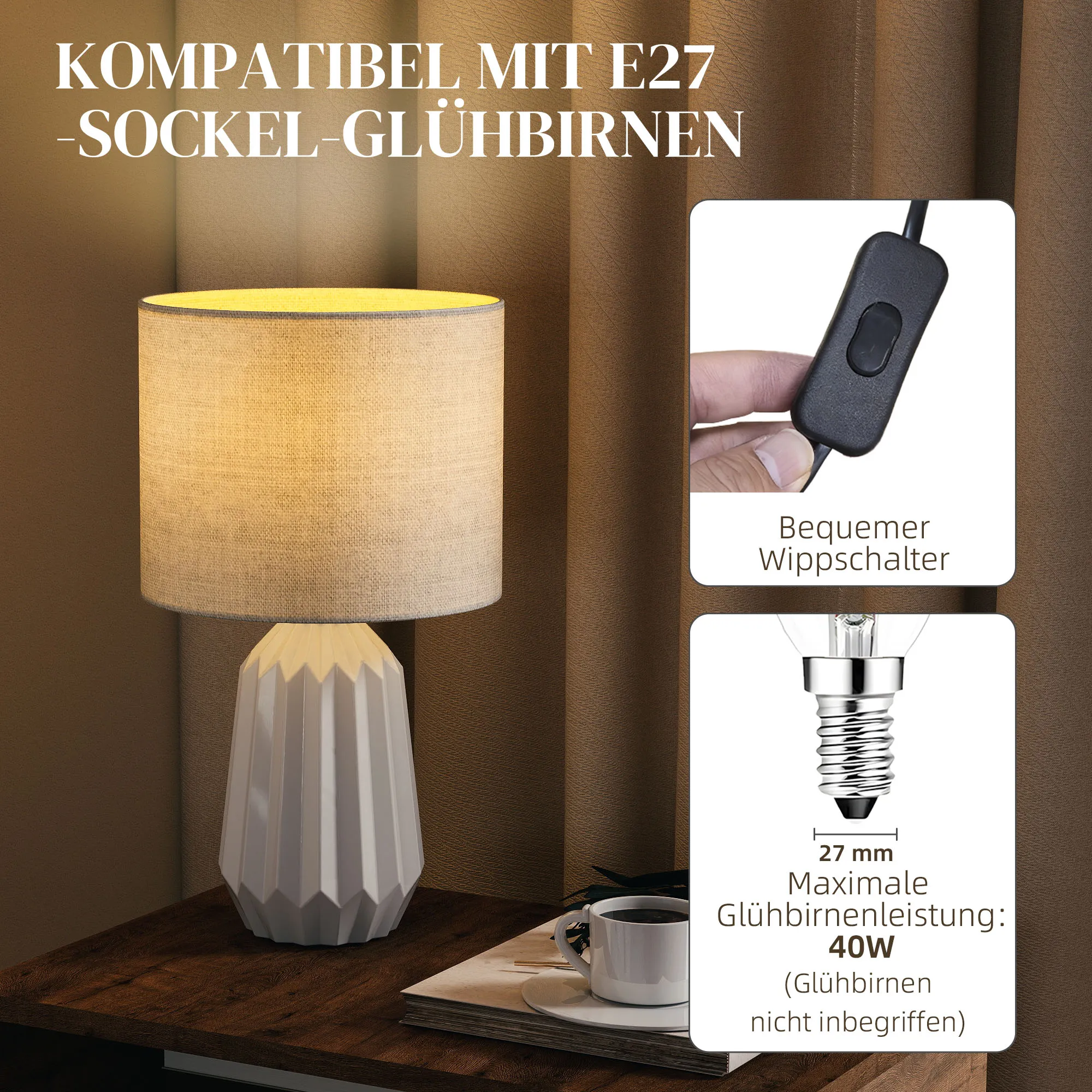 Tischlampe Nachttischlampe Keramik Leinen Weiß 22x22x39 cm