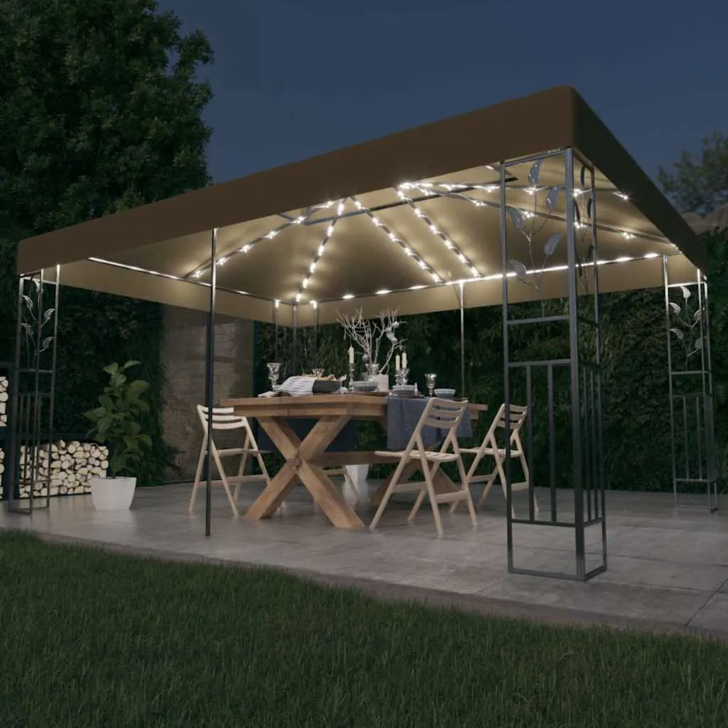Outdoor Pavillon Taupe 3x4 m mit doppeltem Polyesterdach und Lichterkette