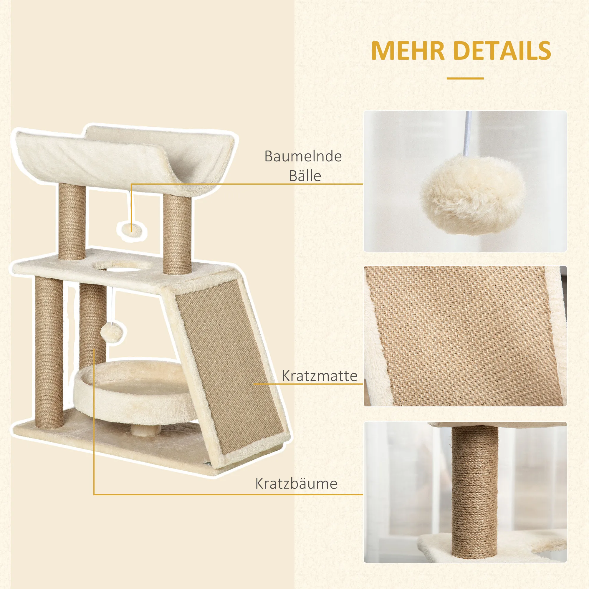 Katzenkratzbaum Hellbraun 60L x 30B x 76H cm mit Plüsch
