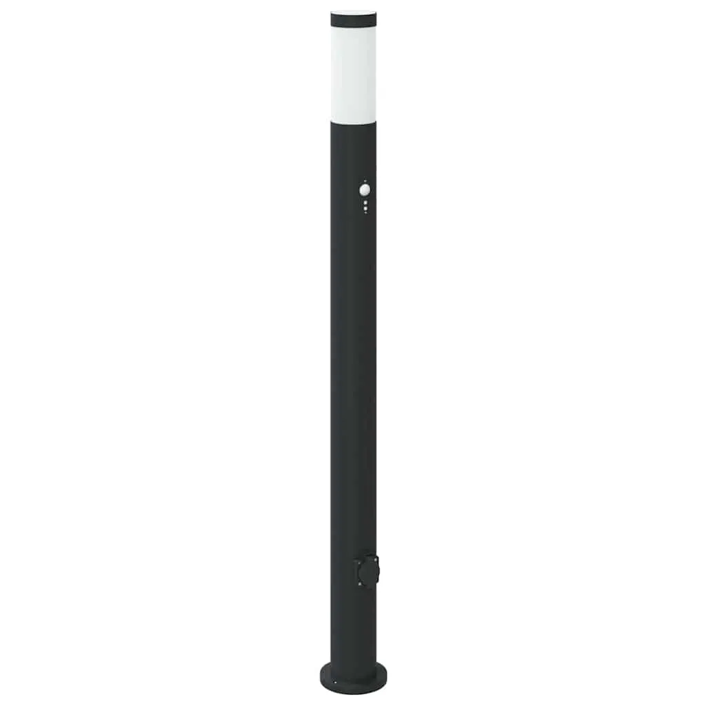 Schwarze Edelstahl Pollerleuchte 11x110 cm mit Bewegungssensor und Steckdose