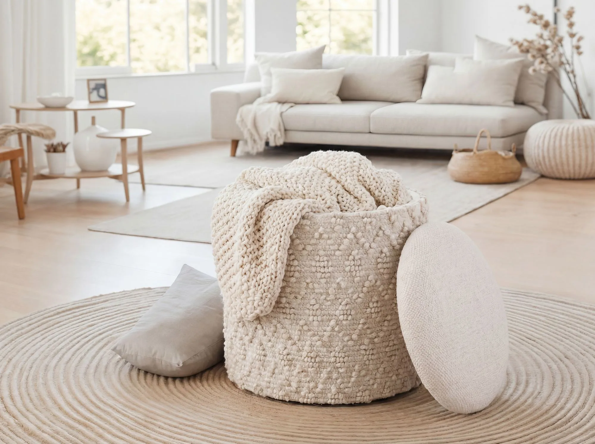 Sitzhocker mit Stauraum aus Wolle 40cm Creme Stoff Rund - Design Boho Stoffhocker mit abnehmbarem Deckel - Polsterhocker Schminktisch Hocker - Beistellhocker für Wohnzimmer Handmade