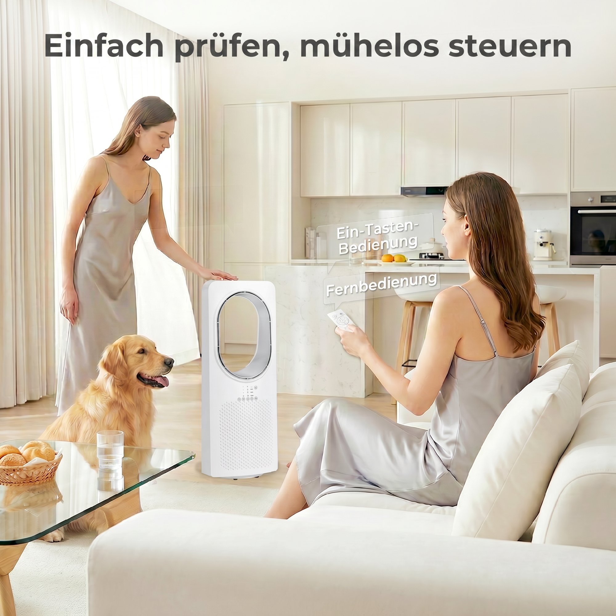 Bladeless Turmventilator für Schlafzimmer, 36 dB Standventilator mit 45° Oszillation, 3 Geschwindigkeiten, 3 Modi, 15-Stunden-Timer, Weiß