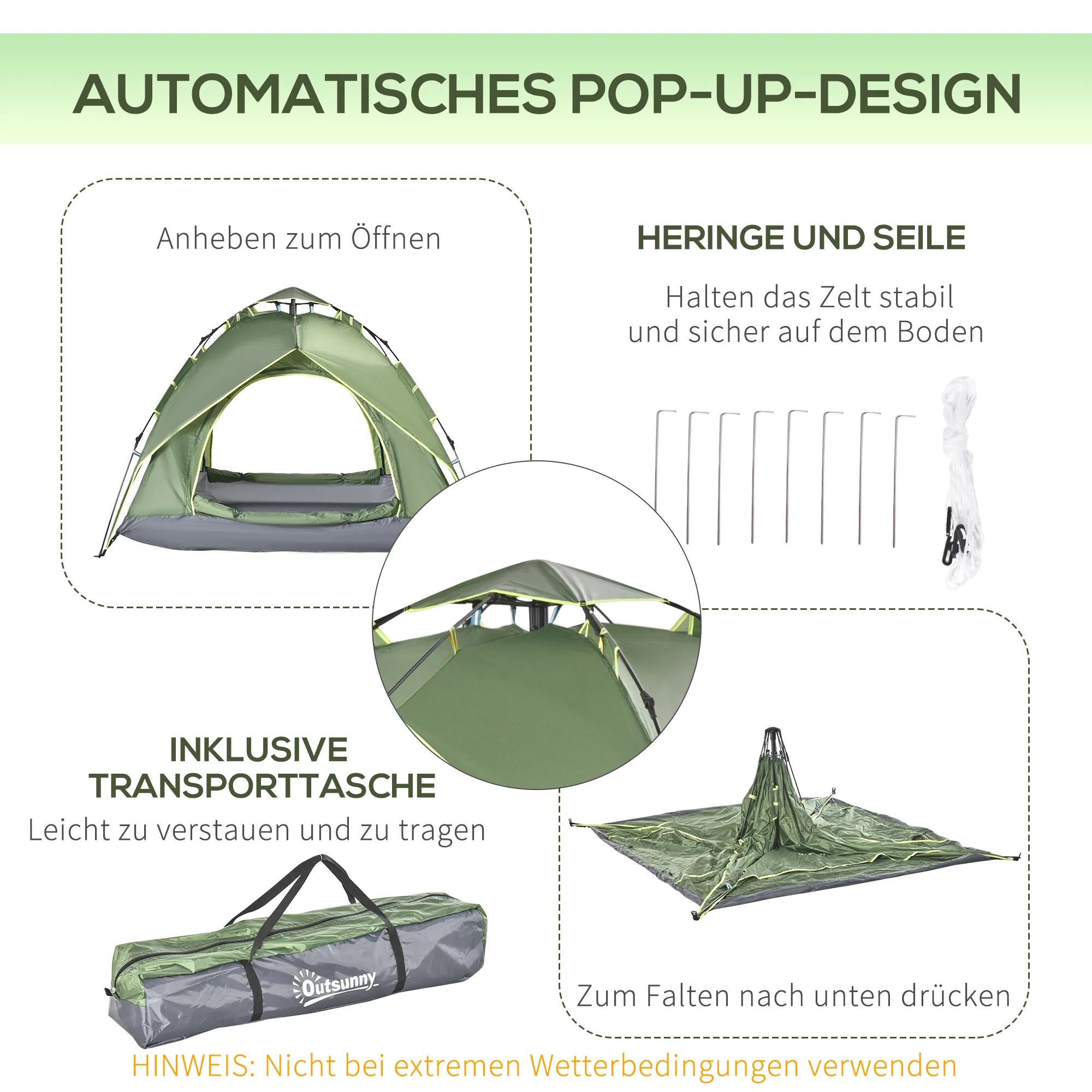 Quick-Up Campingzelt 3 Personen 210x210x140 cm Dunkelgrün