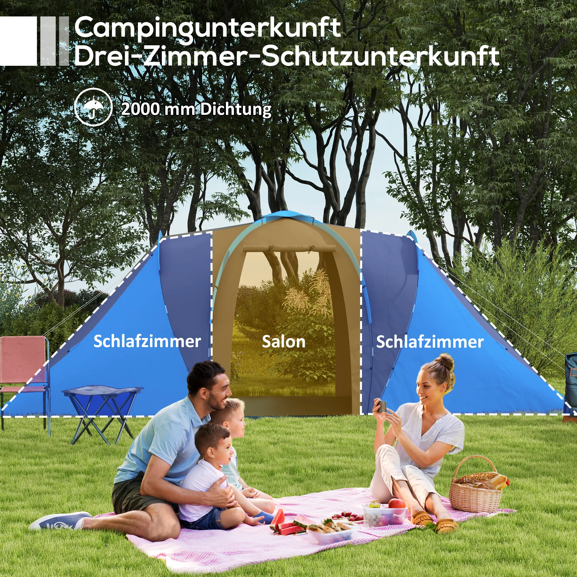 Tunnelzelt 4-6 Personen 555x225x190 cm Grau-Blau
